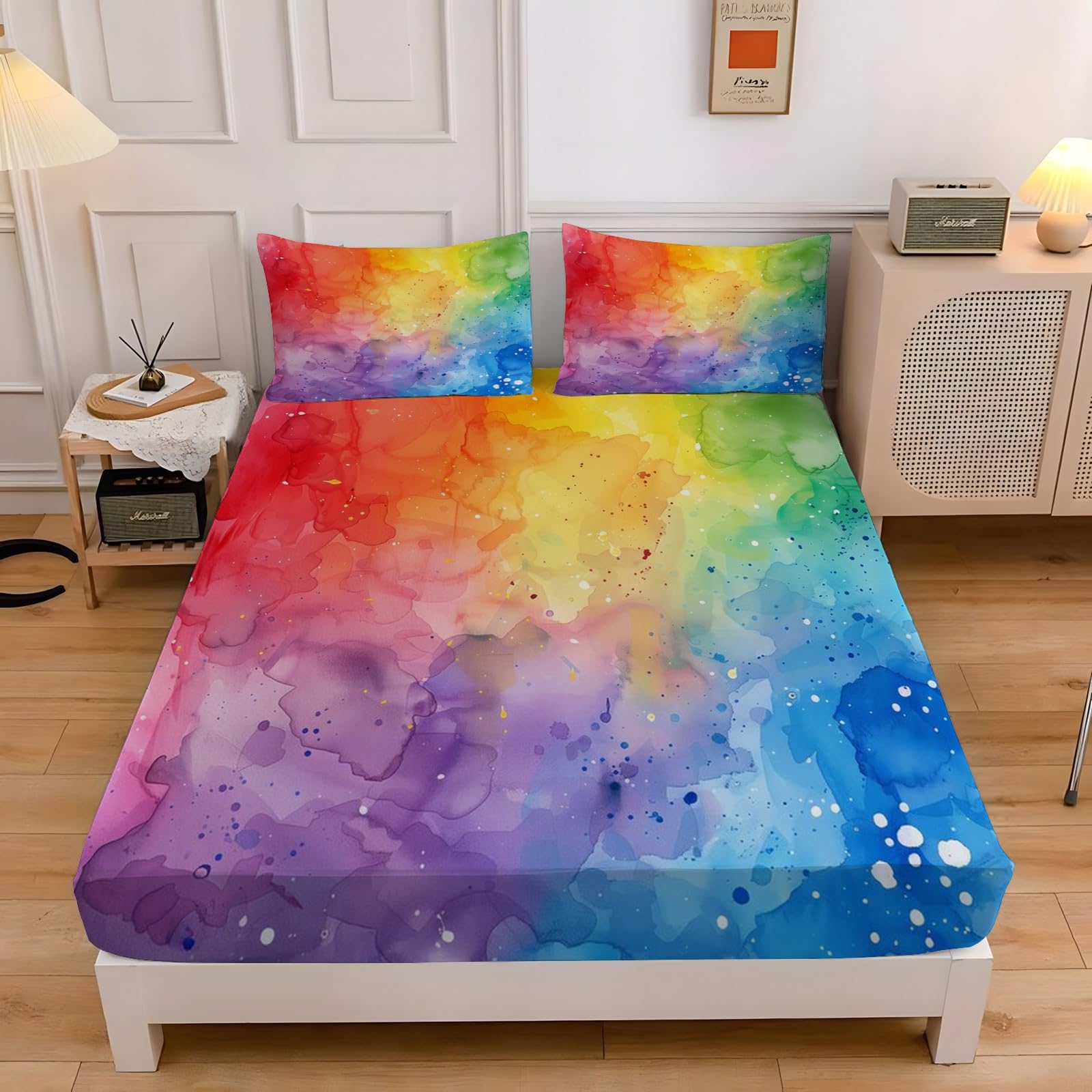 Prześcieradło z gumką 200 x 200 cm, kreskówkowe prześcieradło z gumką dla ptaków, mikrofibra z dużą czapką 30 cm i 2 poszewkami na poduszki, zestaw z gumką do grubych materacy