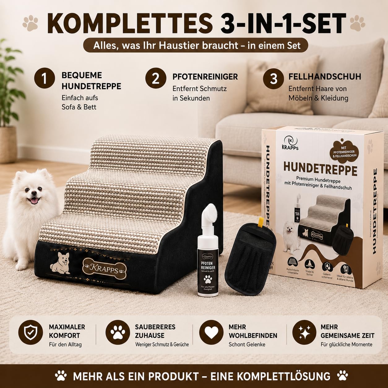 Hundetreppe für kleine Hunde mit Tierhaarentferner-Handschuh und Pfotenreiniger - Katzentreppe für Sofa und Bett, rutschfest, wasserabweisend, mit waschbarem Bezug