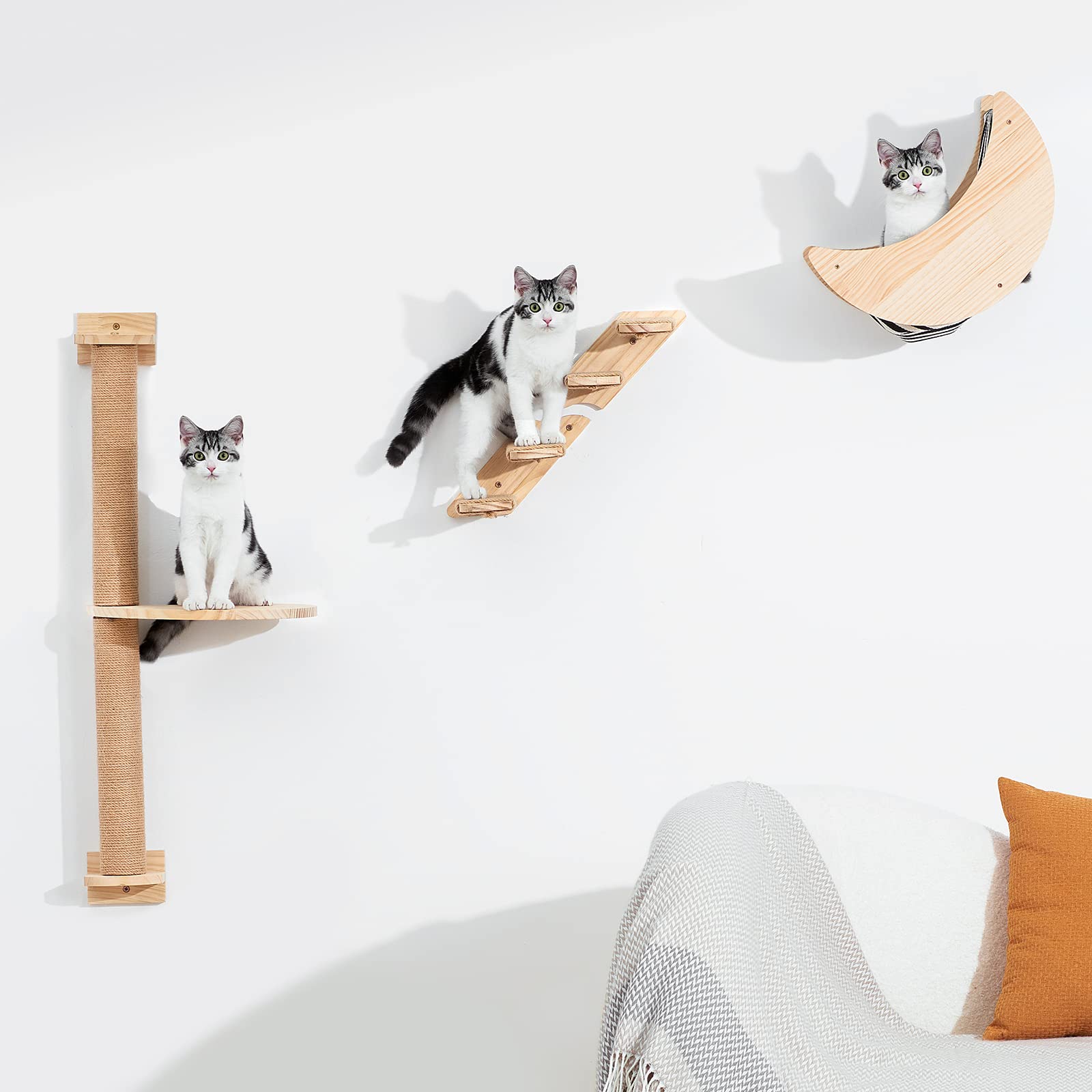 Cat Wall Shelves Scratching Posts - Wall Mounted Moon Hammock Solid Wood Stairs Cat Furniture Floating Climber Toy Hanging Holder Steps for Indoor Cats …