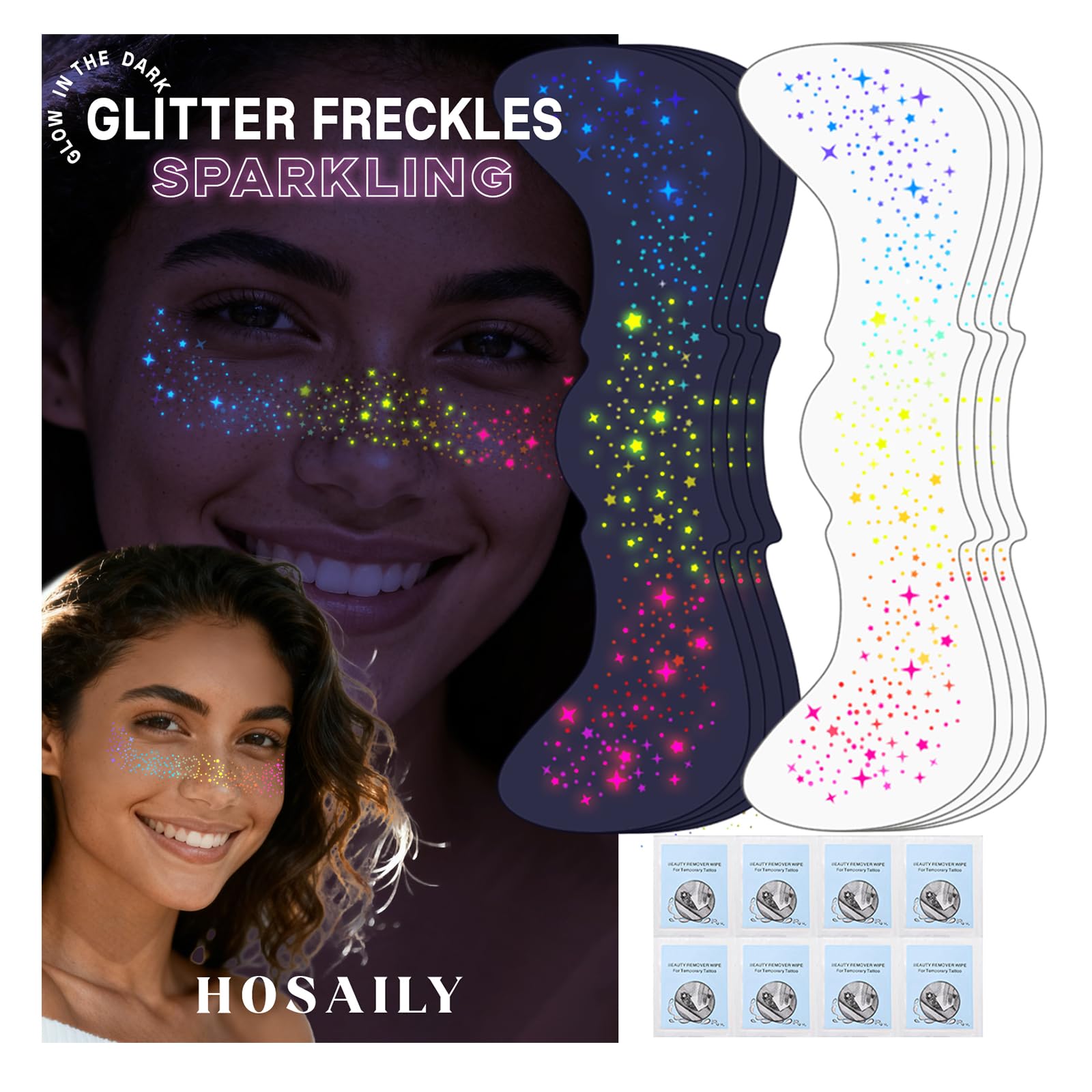 HOSAILY 8pcs Rainbow Face Glitter Freckles Temporary Tattoos, Glow Under UV Light in The Dark Neon Blacklight Multichrome Fake Speckles Patches Makeup, Cute Star Rave Accessories for Party Festival Set B:8pcs multicolor(pink+yellow+blue glow)