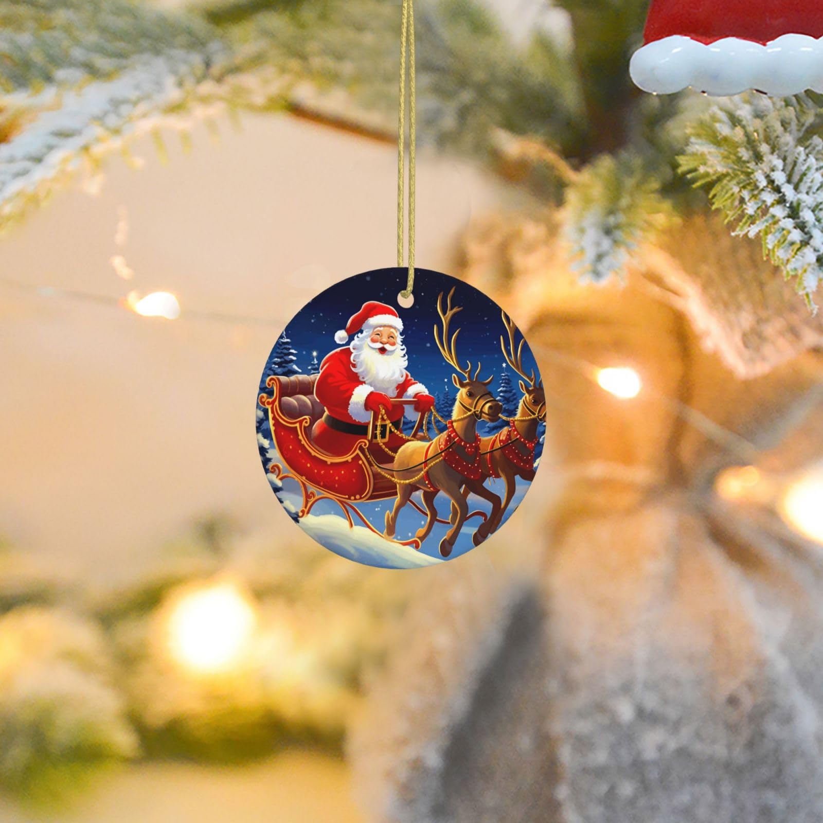 Christmas Tree Ornaments Ceramics Christmas Round Decorations Santa on Sleigh Ceramics Ornaments Circle Pentagram Xmas Tree Hanging Pendant for Christmas Tree Party Holiday Home Decor