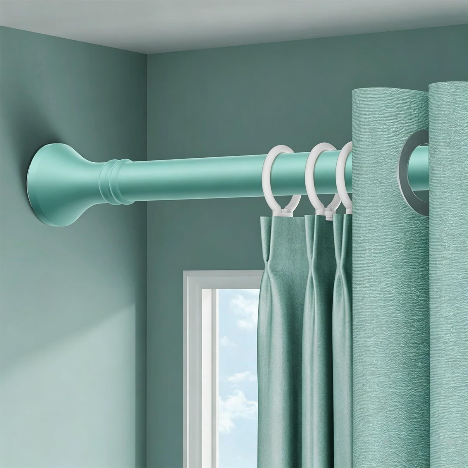 Stainless Steel Tension Curtain Rod with 10 Rings Adjustable 16-197in Rustproof Shower Curtain Rod No Drilling for Bathroom Bedroom Kitchen Windows(Green,160-250cm/63-98in)