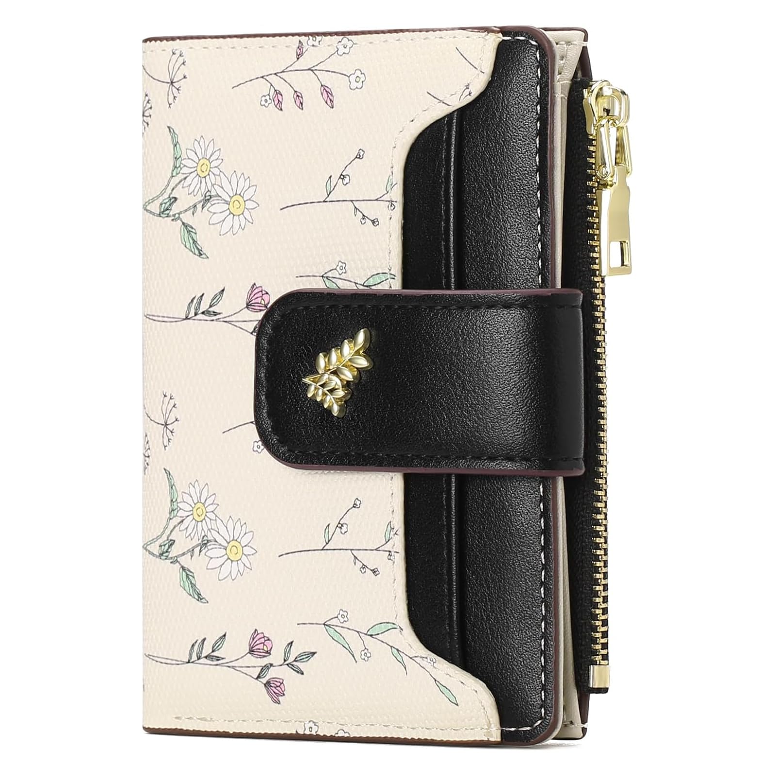 BAYITIONE Small Wallets for Women Leather Bifold Zipper Pocket Wallet Cute Flower Credit Card Holder Coin Purse with ID Window