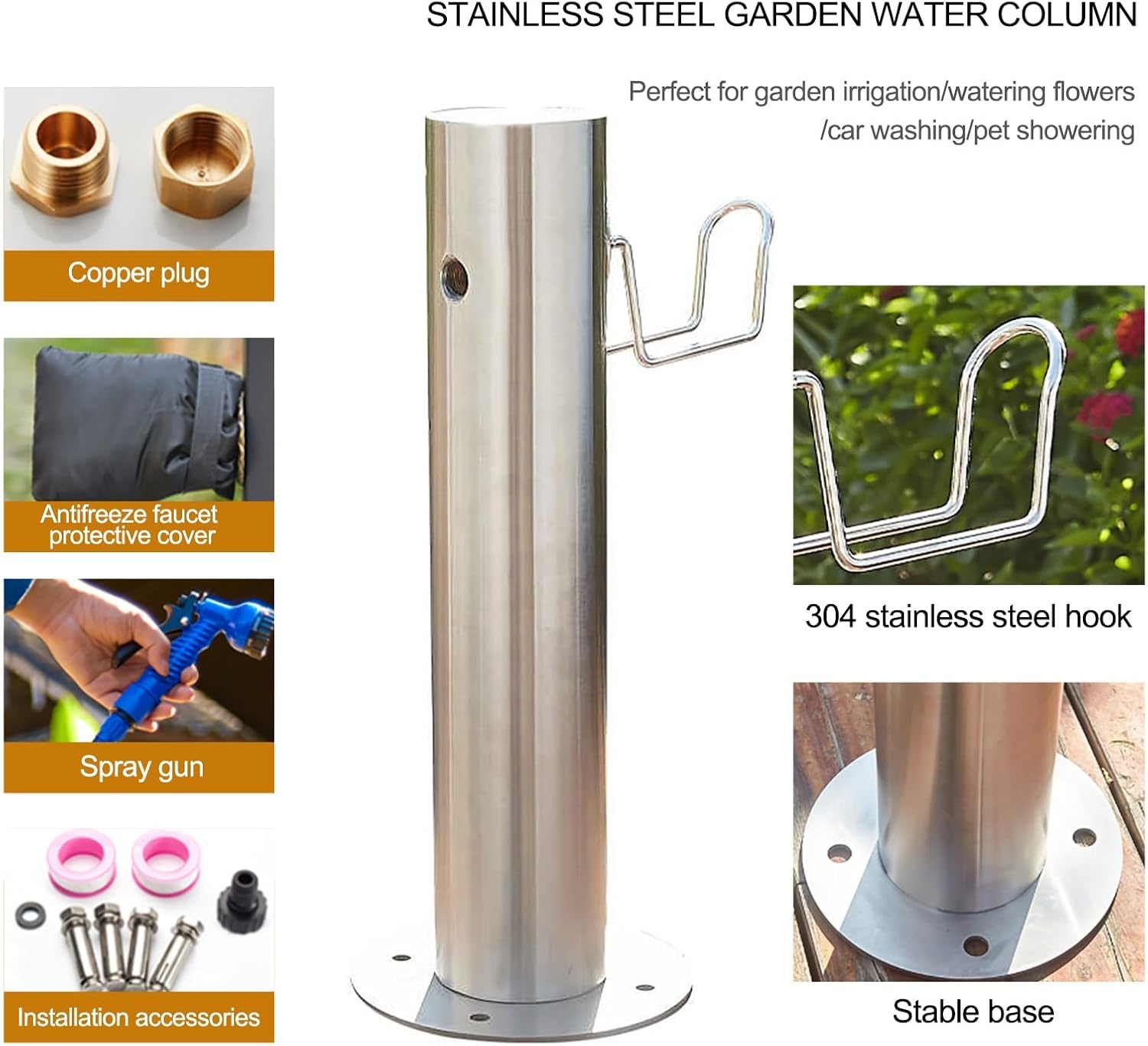 304 Stainless Steel Vertical Garden Water Column with Spray Gun & Accessories, Outdoor Faucet for Irrigation Fountain, Durable Silver, 20.5x86cm/8x33.9in