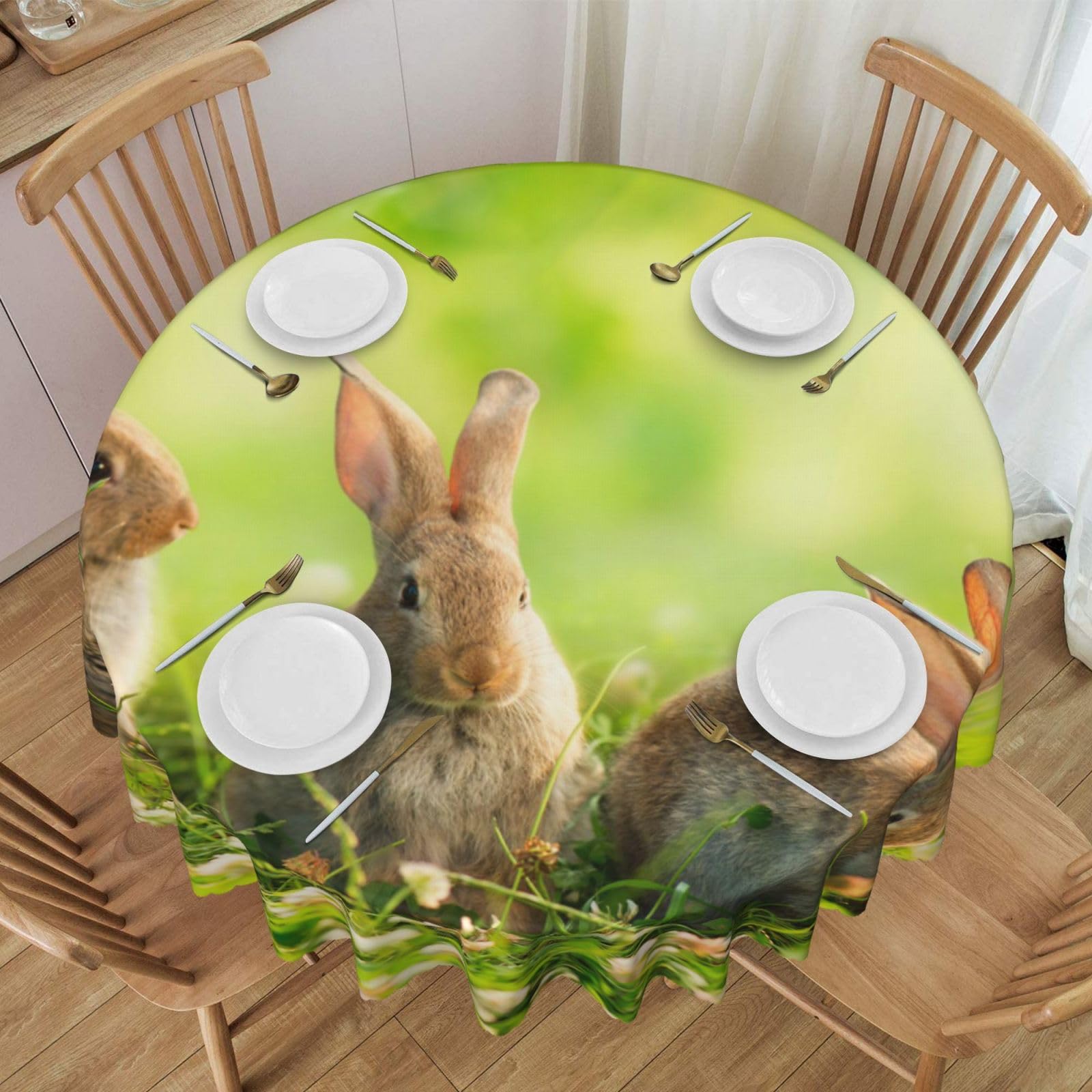 DCEHGEW 60 In Round Tablecloth with Lace, Funny Rabbits Printed Oilproof & Washable Fabric Picnic Table Cloth Table Covers