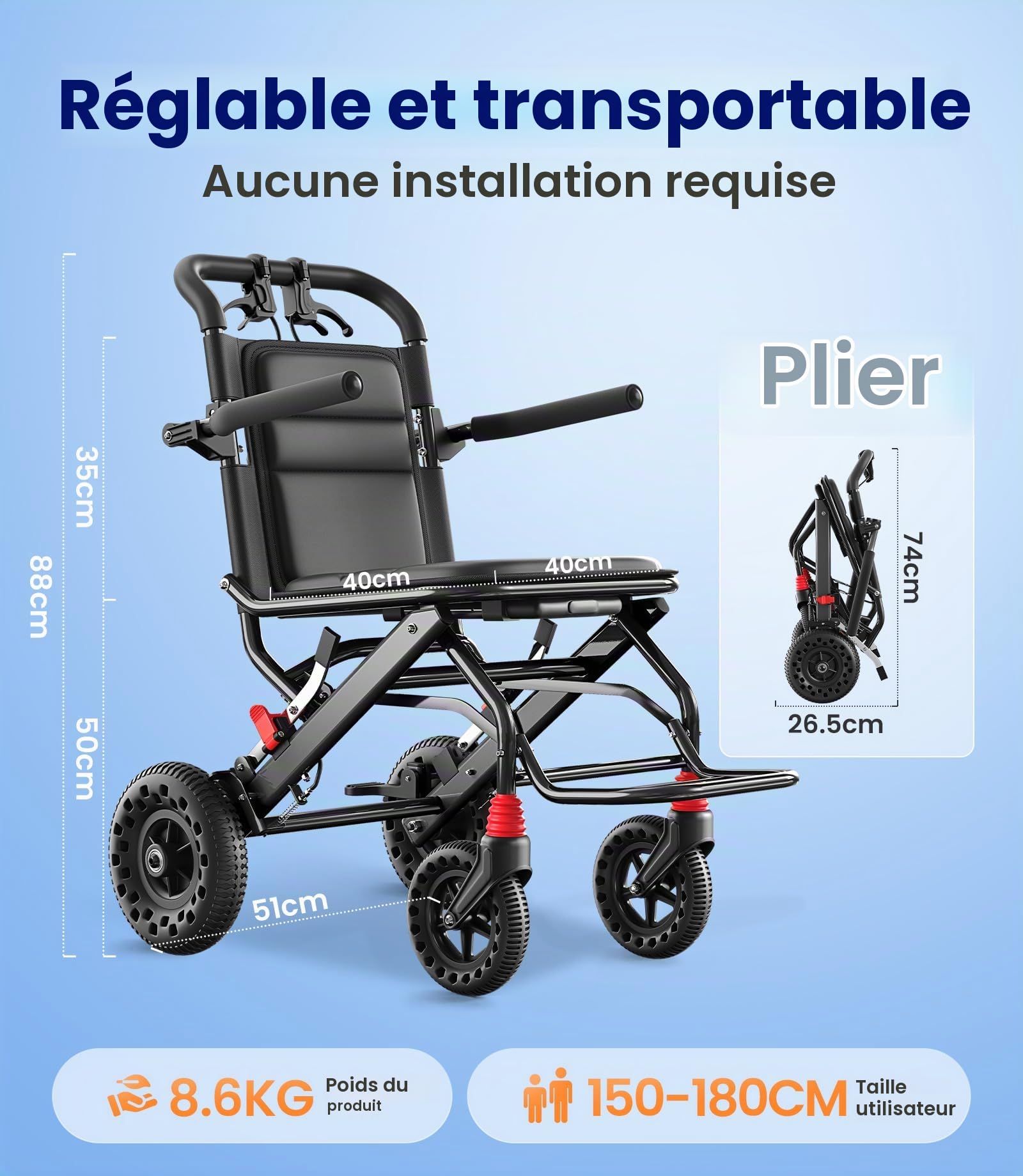 VOCIC U41 Fauteuil Roulant Pliable Ultraléger 8.6KG