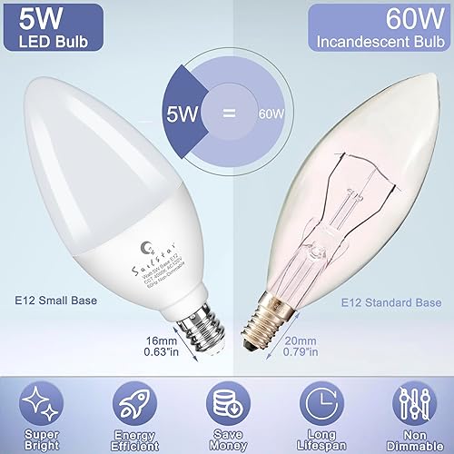 Miniatura 5 de Sailstar Bombillas de candelabro equivalente a 60 vatios, luz natural de 4000 K, 5 W, E12, base pequeña, tipo B, 500 lúmenes, bombillas para