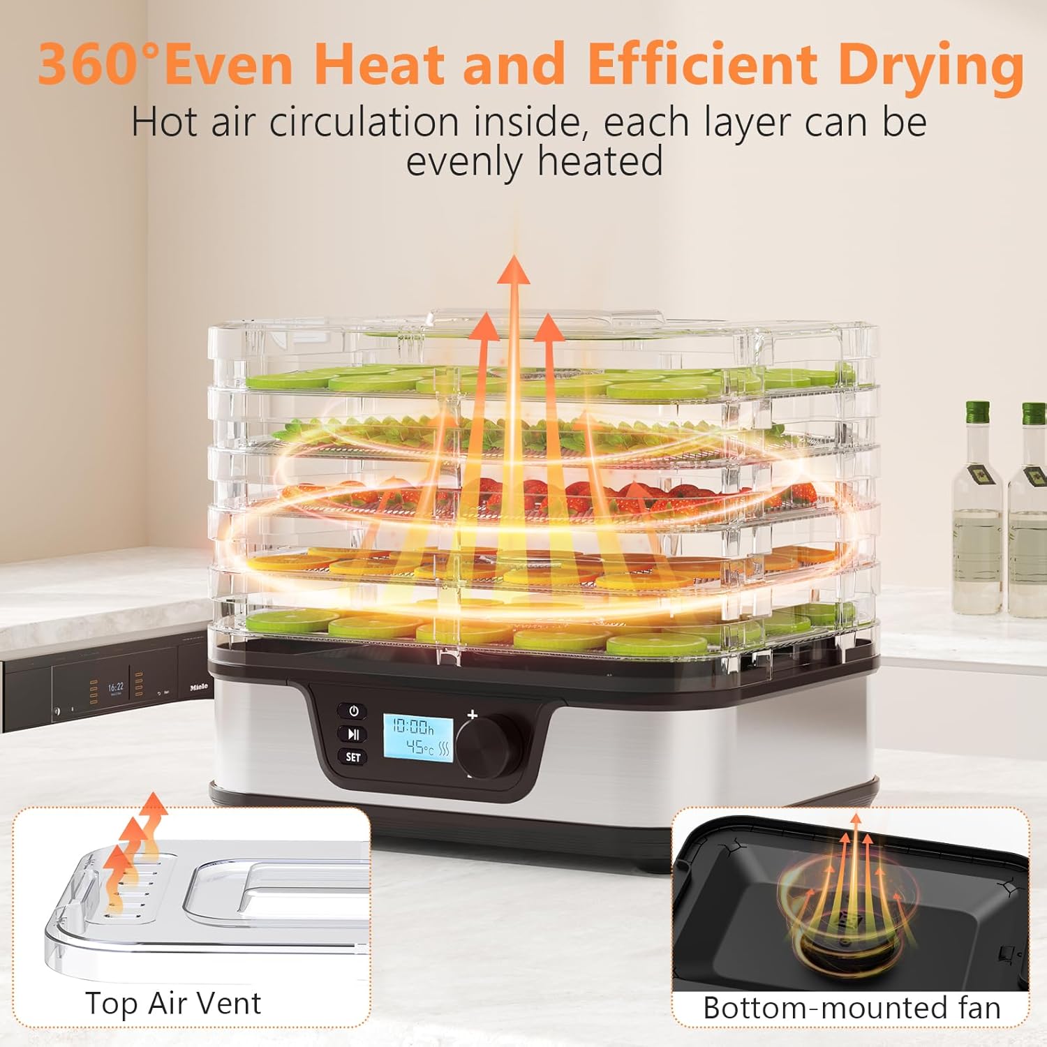 Food Dehydrator, 5 Stainless Steel Trays, 72H Timer & Temp Control up to 167°F, 400W Food Dryer, Recipe Book for Jerky, Fruit, Meat, Vegetables, Herbs, BPA-Free