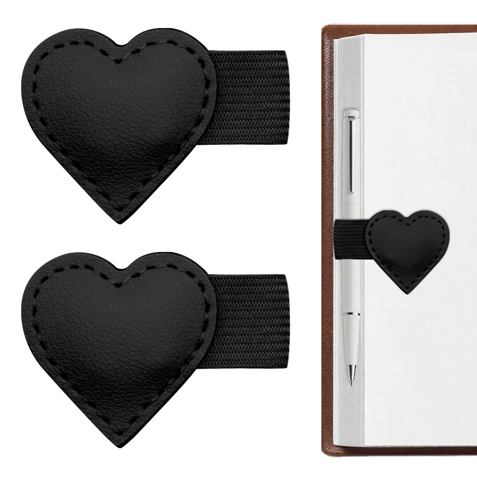 2Pcs Magnetic Leather Pen Holder Bookmark with Pen Holder | Strong Magnetic Clasp Cute Heart-Shaped for Book Lover, Multifunctional Gift for Readers, Women & Students Black