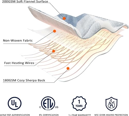 Miniatura 5 de Homemate Manta eléctrica térmica de 50 x 60 pulgadas, manta térmica de franela ultra suave y acogedora con 10 niveles de calor rápidos, 8 horas de