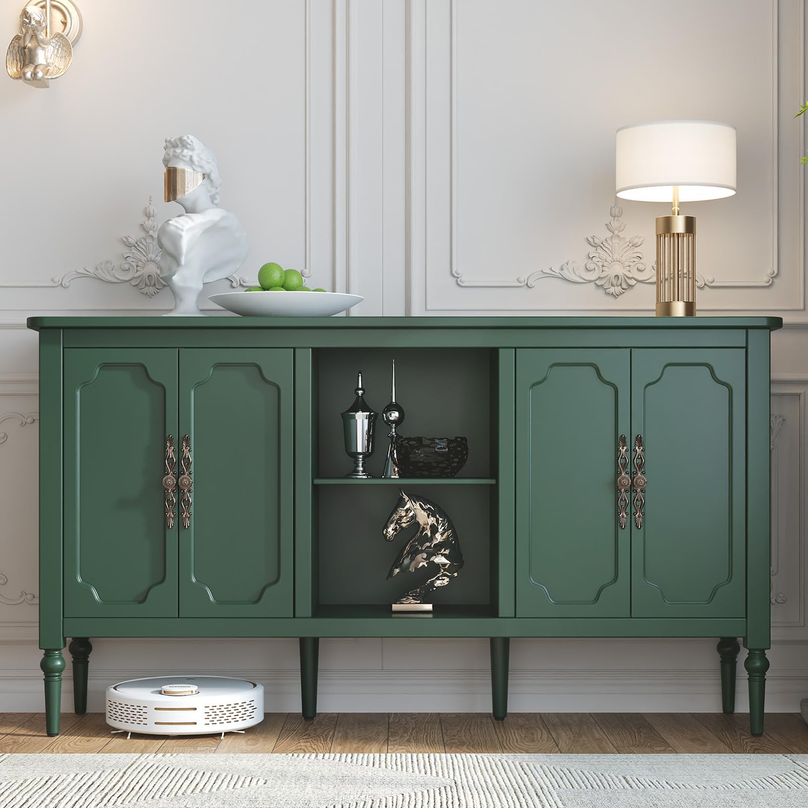 Vintage Buffet Sideboard Cabinet with 4 Doors, 59" Mid Century Modern Storage Cabinet with Shelf, Decorative Accent Credenza TV Stand (Green)
