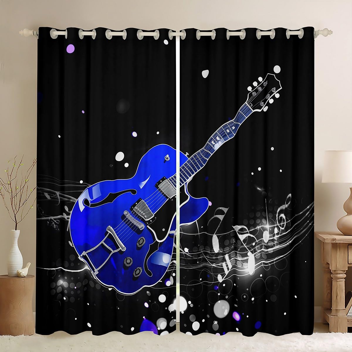 Homewish Blue Guitar Window Curtains,Electric Guitar Curtain,Rock Music Theme Window Drapes for Kids Teens Boys Young Man,Modern Bedroom Decorative,Music Notes Curtain,42Wx63L
