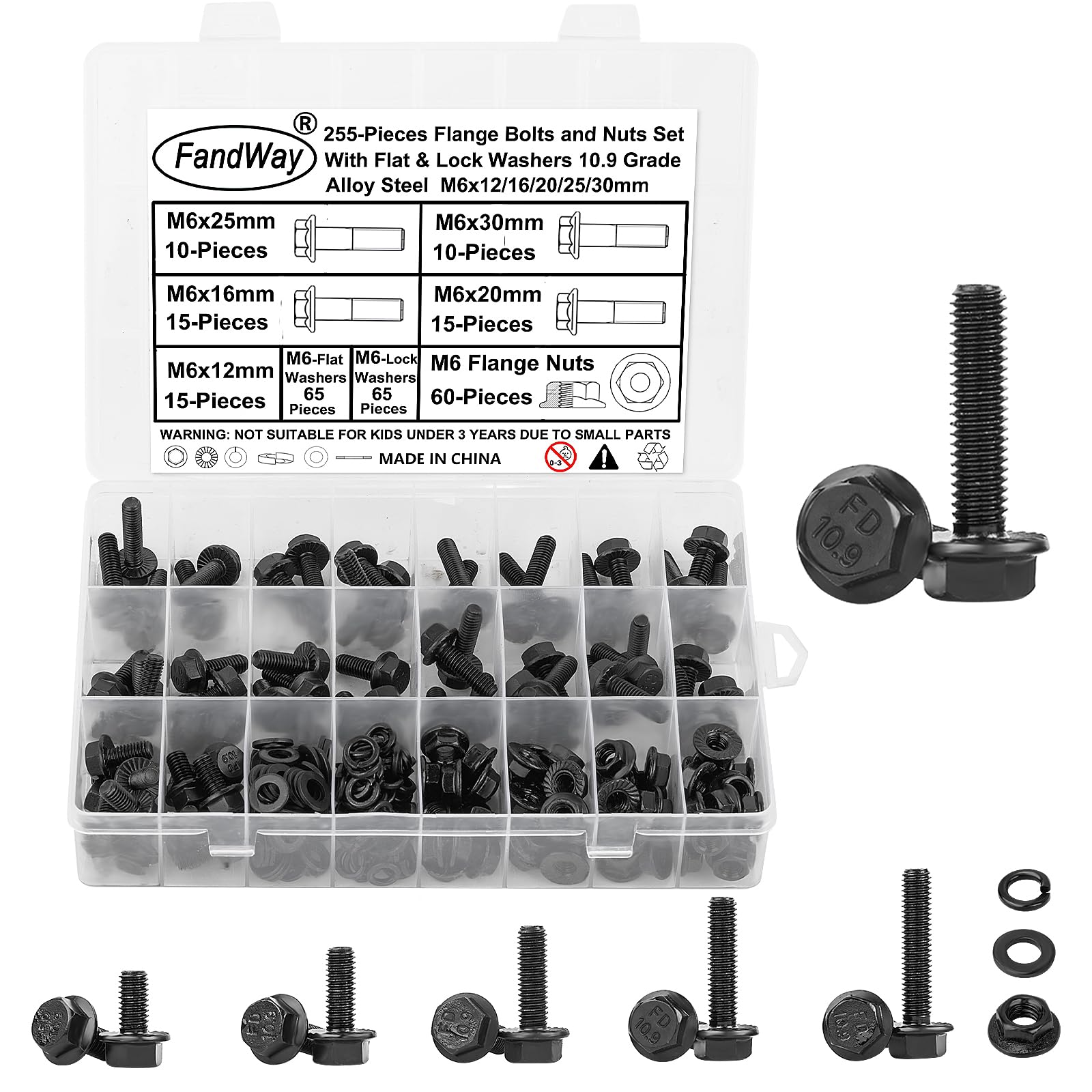 FandWay 255 Pcs Flange Head Bolts Black,M6 Flanged Hex Head Serrated Bolts and Nuts Set With Flat & Lock Washers,Flange Hexagon Machine Screws 10.9 Grade Alloy Steel,External Hex Drive Fully Threaded.