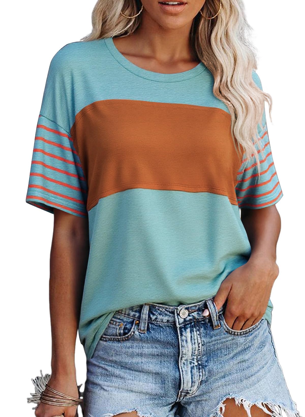 SHEWIN Womens Casual Short Sleeve Shirts Loose Crewneck Color Block Tshirts Tops