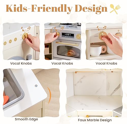 Miniatura 6 de ROBUD Juego de cocina de madera, cocina de esquina de juego de simulación, juego de cocina para niños con luces y sonidos, cocina de juguete