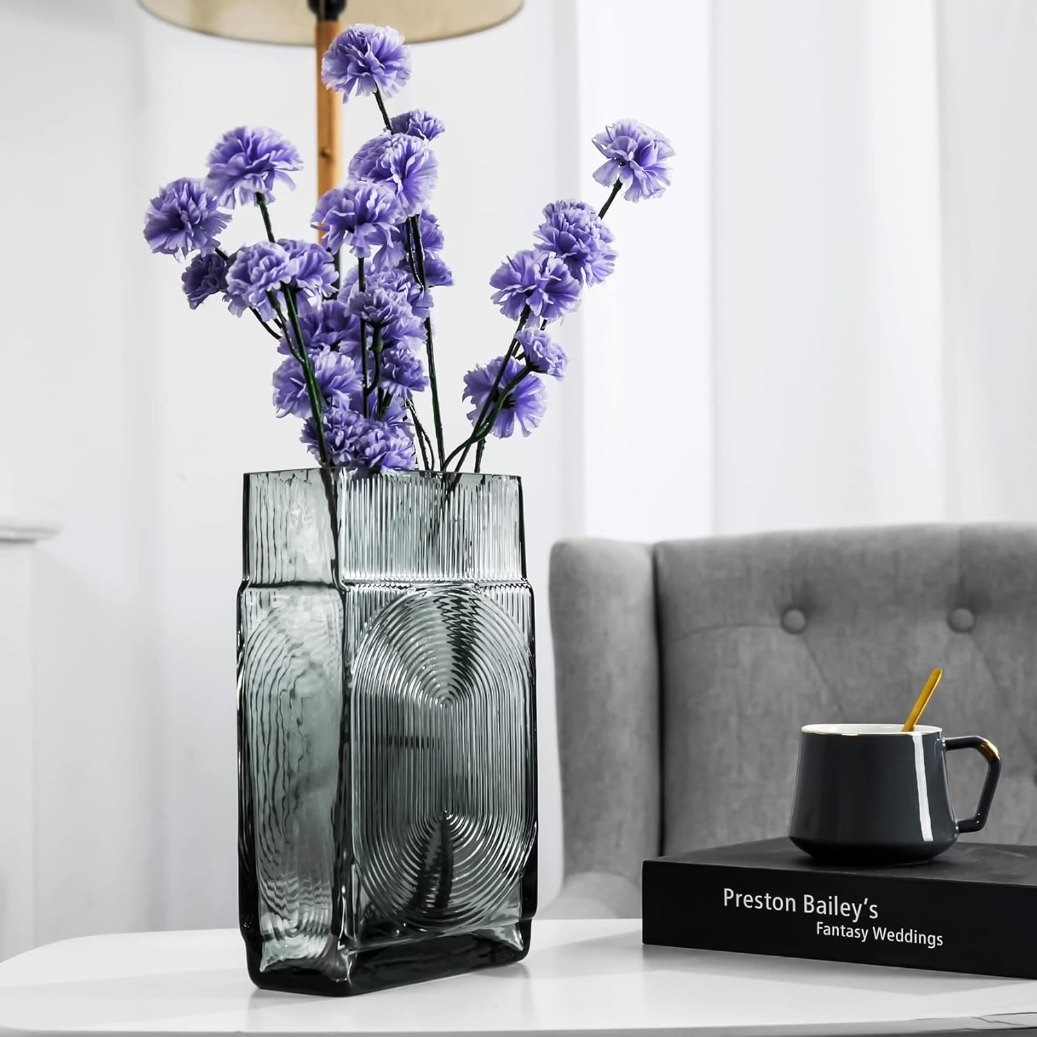Diamond Star Decorative Vase Square Glass Vase Flower Vase for Home Table Centerpieces (Gray)