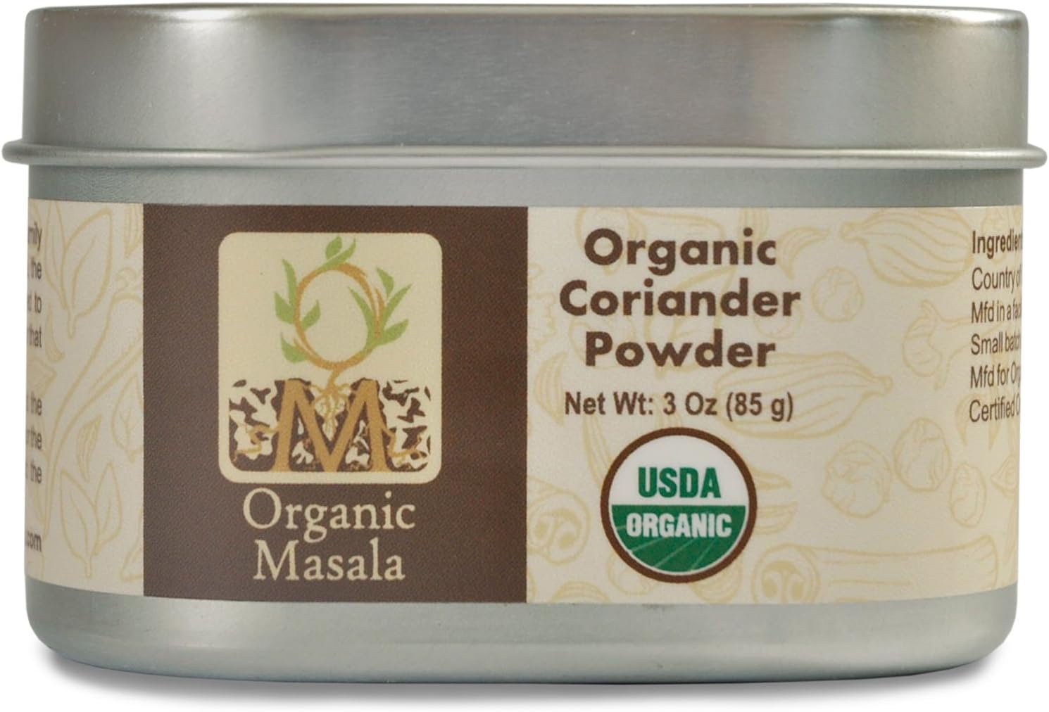 Organic Coriander Powder 3 oz Organic spice to enhance your meal and provide the health benefits of coriander. Presented in tin to preserve freshness and keep out daylight.