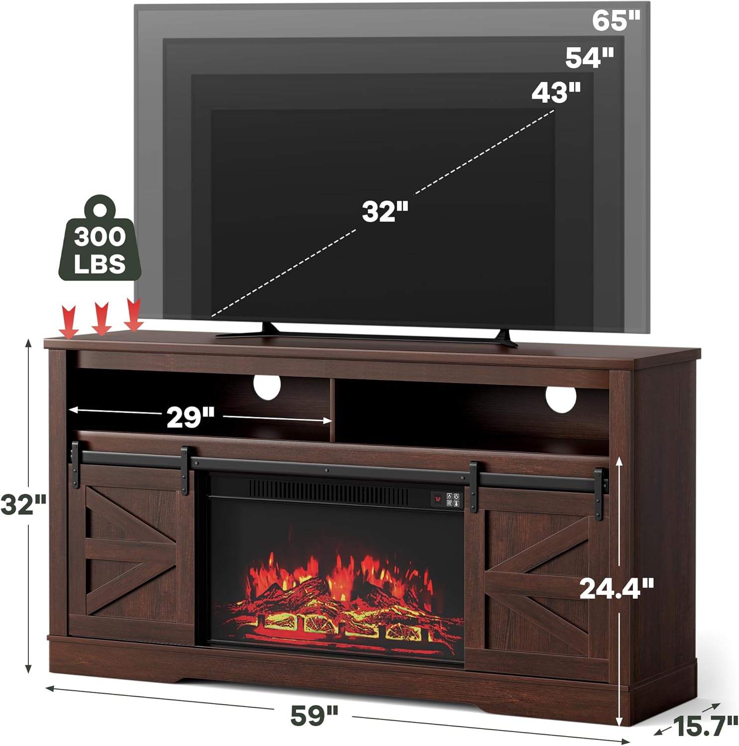 Diagram showing the dimensions of the TV stand: 59 inches wide, 15.74 inches deep, and 32 inches high. It also indicates support for TVs up to 65 inches and a weight capacity of 300 lbs.