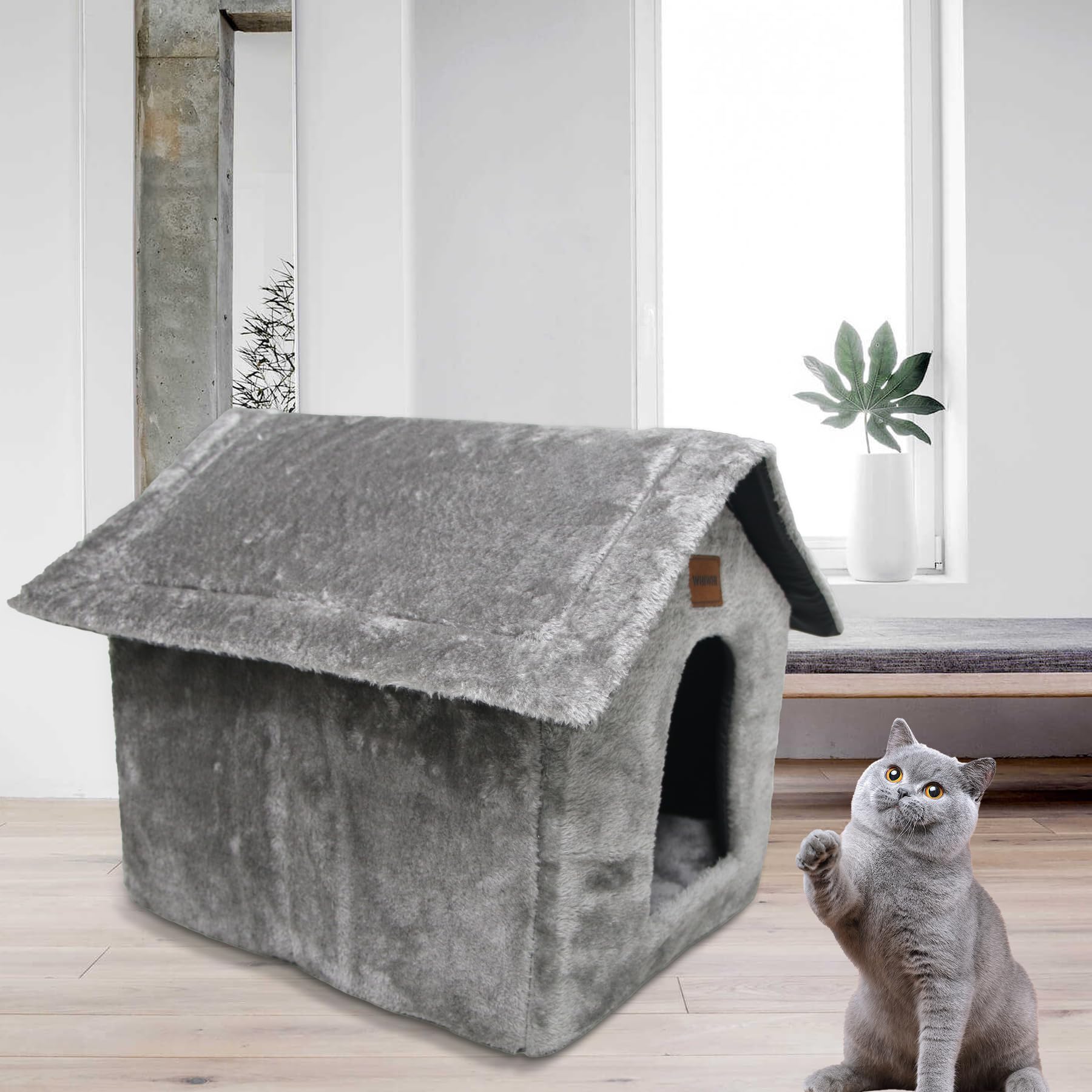 Niche pour Chat d’intérieur avec Coussin en Peluche Maison de Chat Abri Chaud et Confortable Lit pour Chat Panier pour Chat avec Fond Antidérapant 40x35x40cm