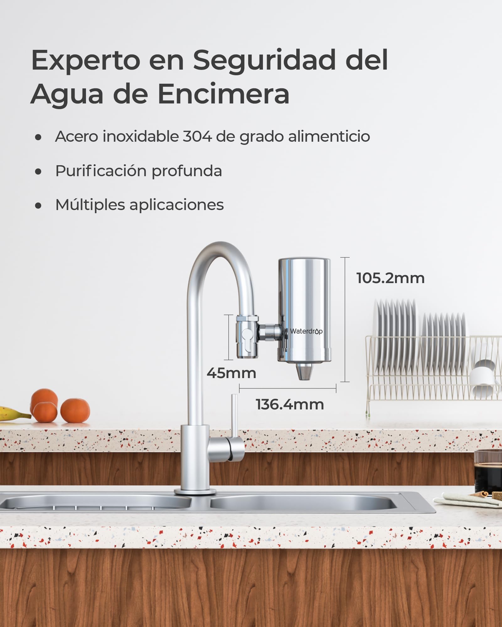 Waterdrop WD-FC-06 Grifo de Acero Inoxidable, Sistema de Filtración de Agua con Bloque de Carbón, Elimina el Cloro, los Metales Pesados y el Mal Sabor (1 Filtro Incluido)
