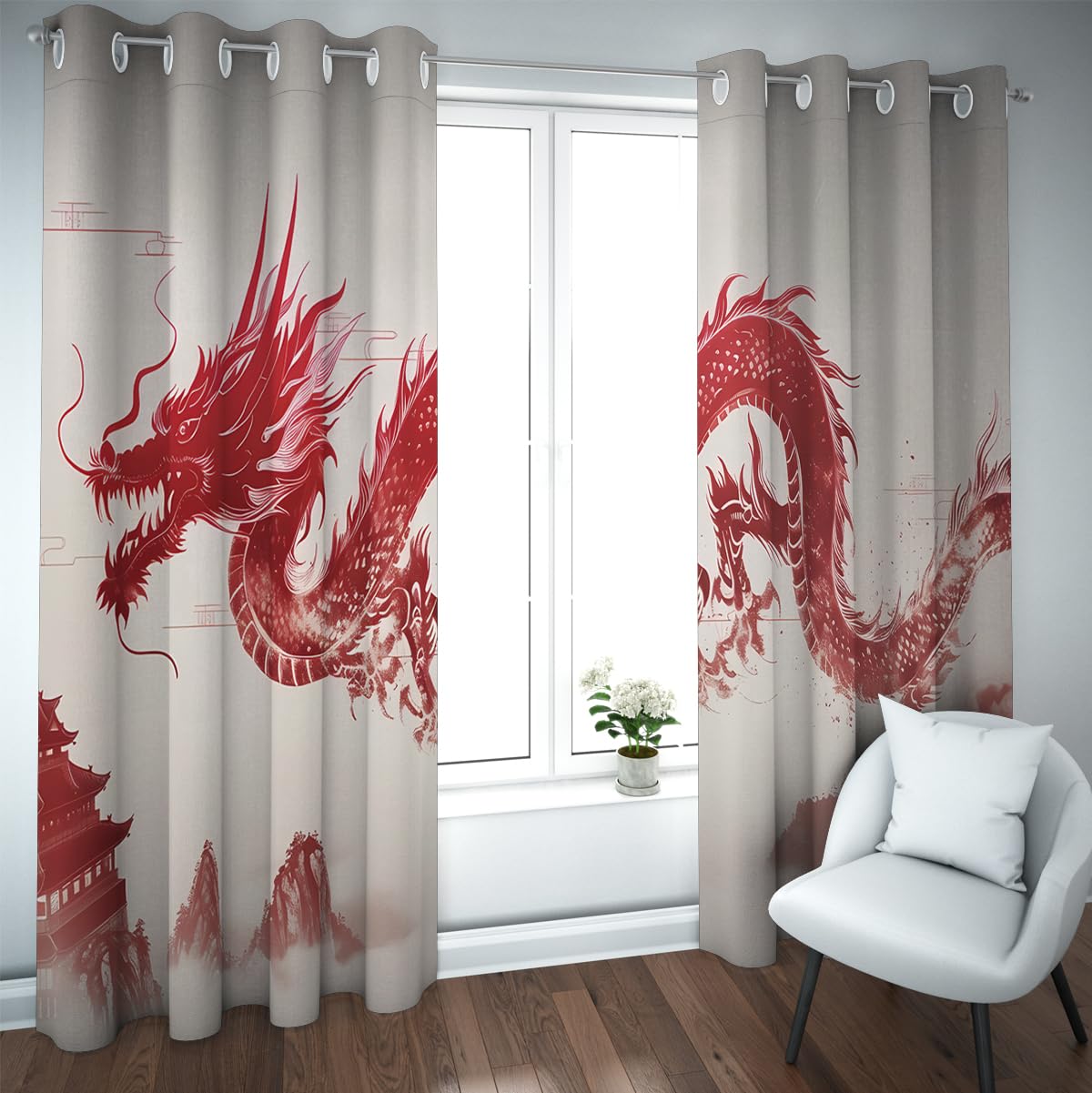 Rideaux occultants pour le salon avec motif animaux mythiques rouges et dragon traditionnel