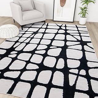 YIHOUSE Modern Area Rugs for Living Room, Washable Black and White Rug 5 x 8, Contemporary Abstract Minimalist Stripe Rug, Nonslip Carpet for Kitchen Bedroom Dining Room Office, Lattices Stripes 