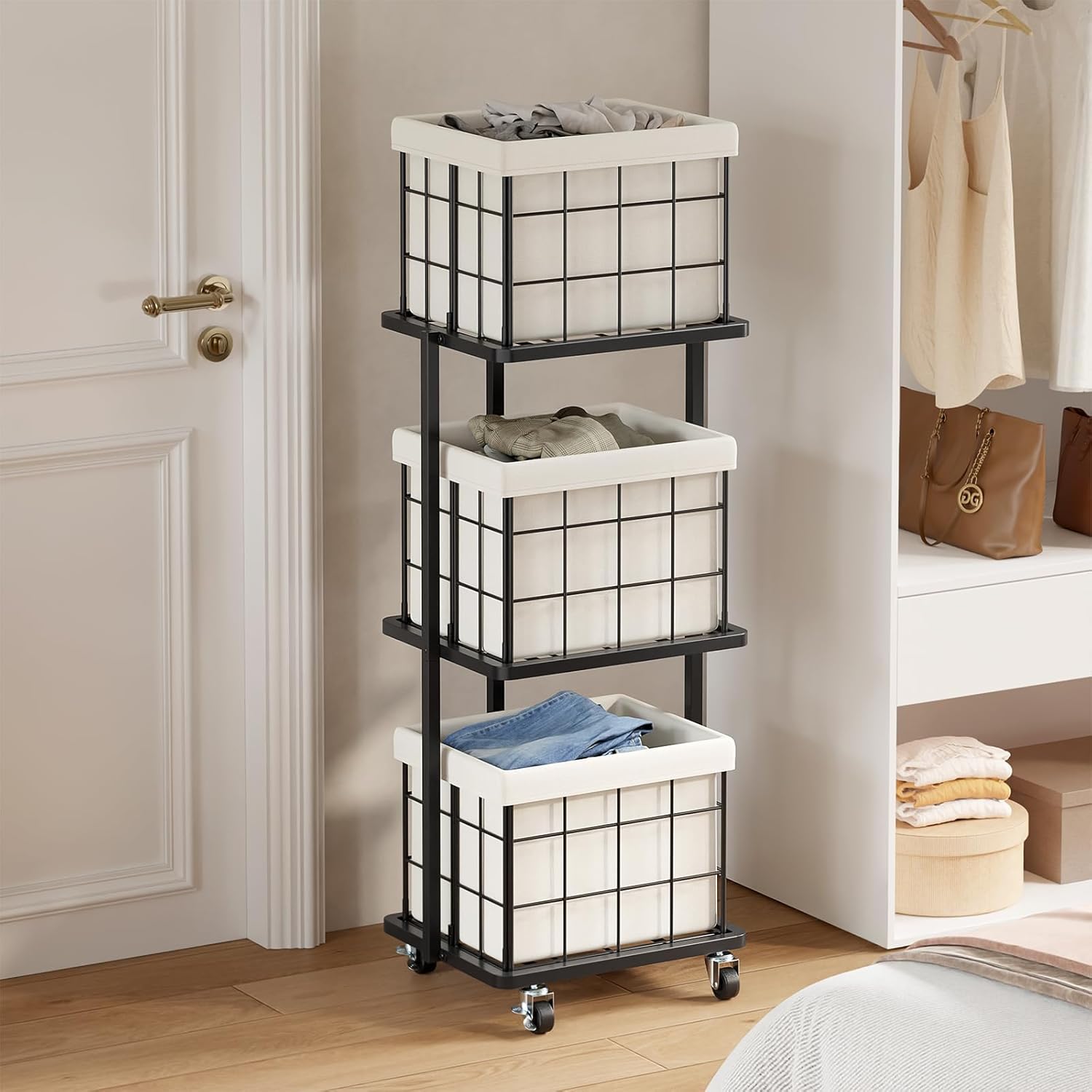 120L Vertical Rolling Laundry Hamper with Removable Bags, 3 Section Laundry Basket with Wheels, Slim Tall 3 Tier Laundry Sorter for Small Spaces, Dorm, Laundry Room, Bathroom, Closet, White