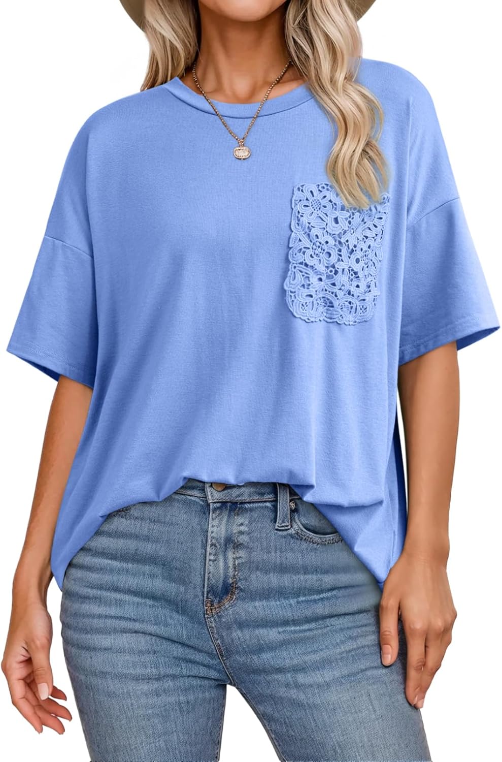 Dokotoo Womens Tops Cute Lace Summer Short Sleeves Oversized Casual T Shirts Lace Pockets - Image 2