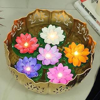 VERVENIX Set of 6 Floating Lotus LED Candles with Water Sensor – Multicolor, Smokeless & Flameless Tea Lights for Diwali Festival, Home & Outdoor Decoration
