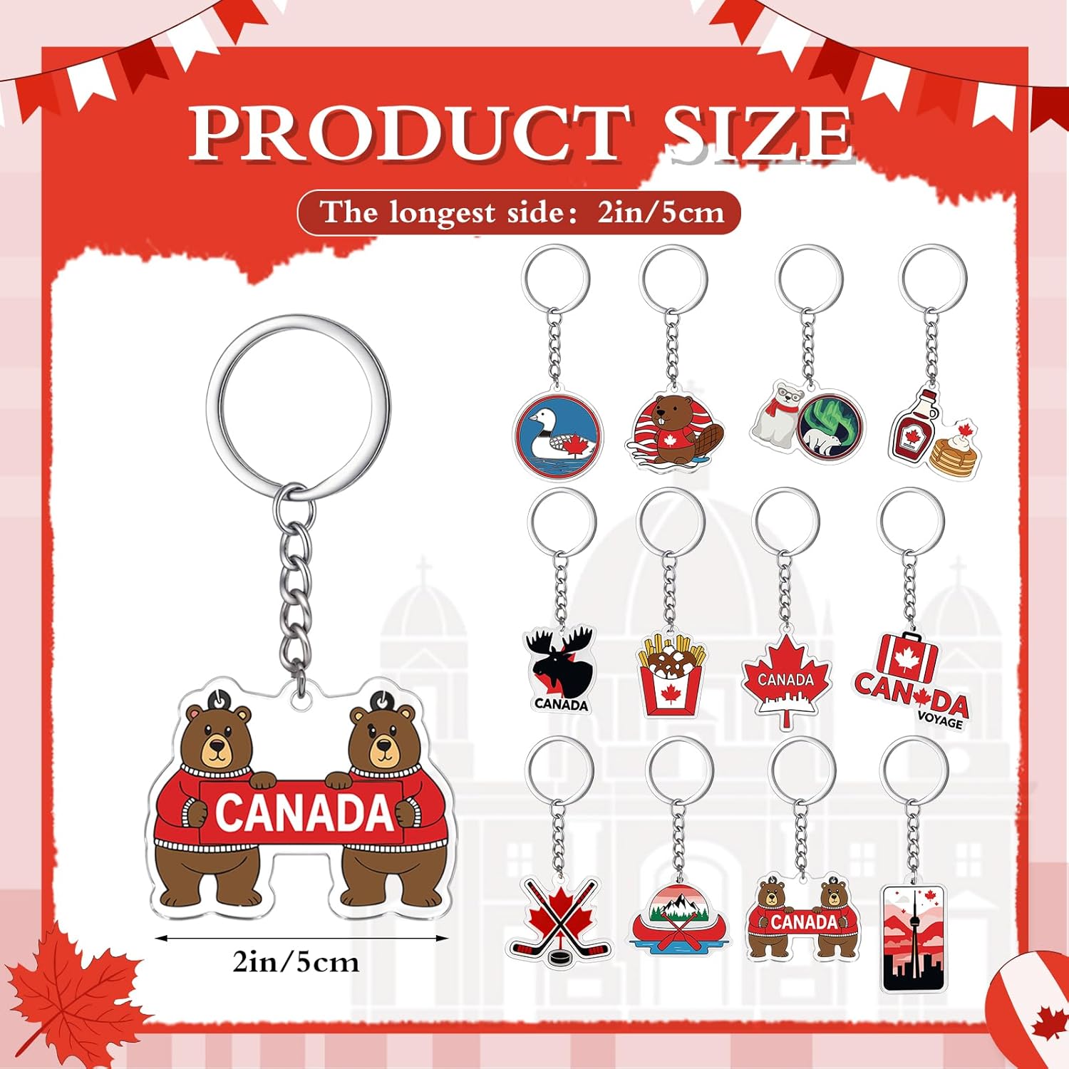 Nosiny 12 Pack Canada Keychain Acrylic Key Rings Maple Leaf Keychain Canada Gifts Souvenir for Women Men Collection Canadian Themed Party Decorations Purse Handbag Charm Pendant - Image 2