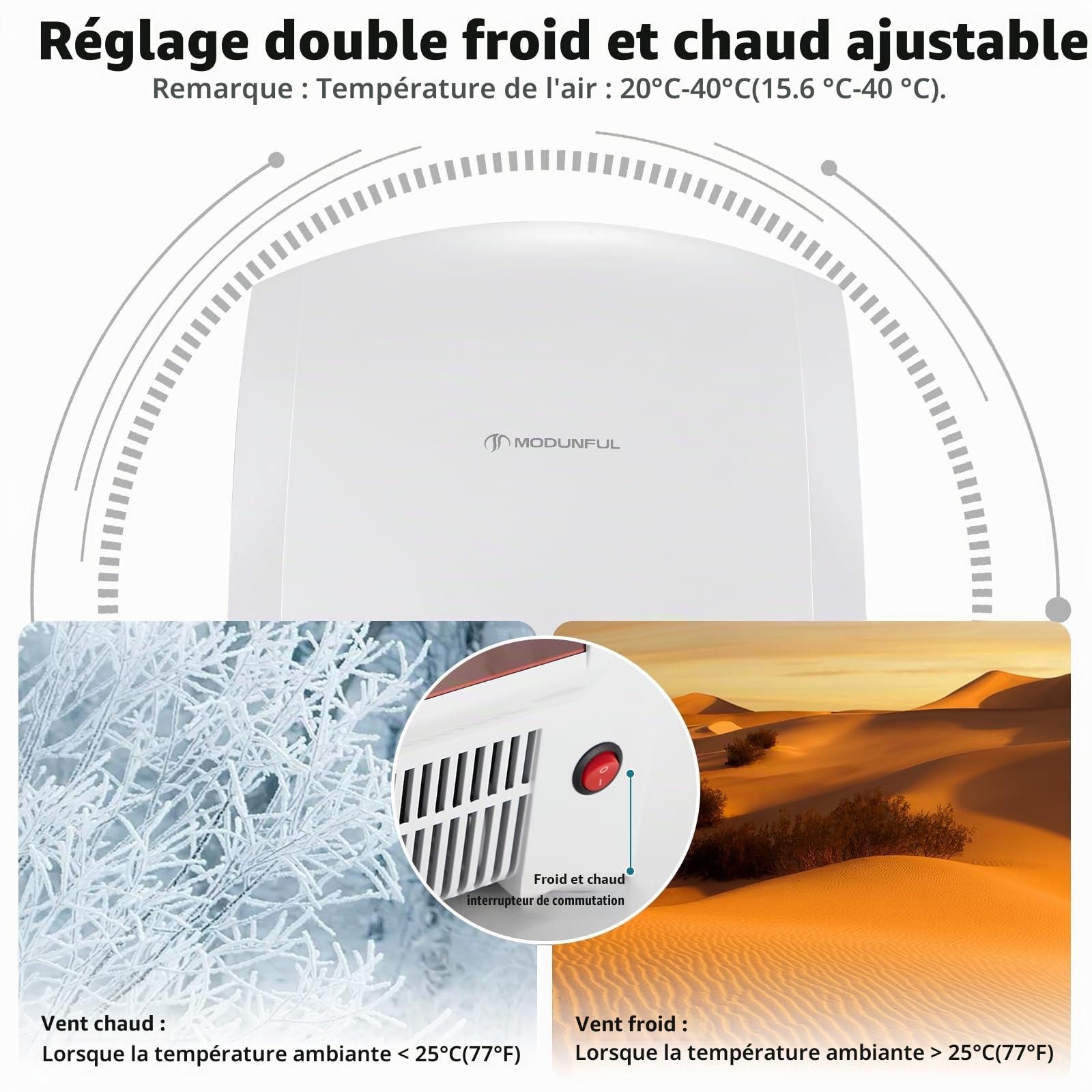 modunful Sèche-mains automatique mural Avec lampe témoin, séchage par vent chaud et froid, compact classique Commercial 220V 2000W Blanc