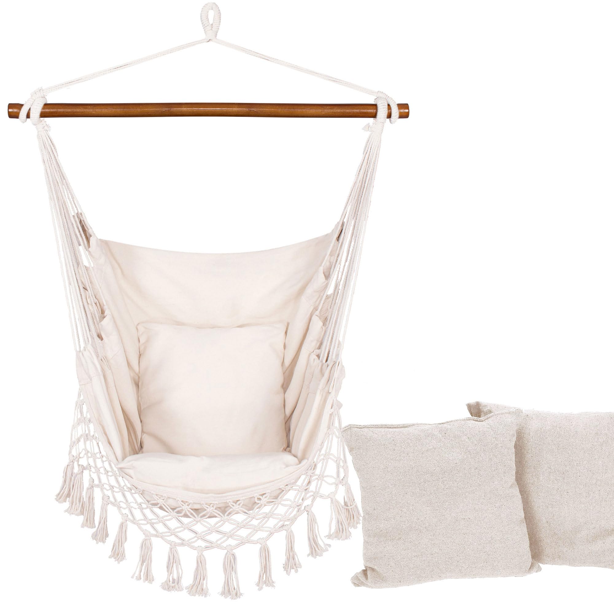 SPRINGOS Hamaca de tela colgante con barra de expansión, 130 x 100 cm, con flecos, cojín