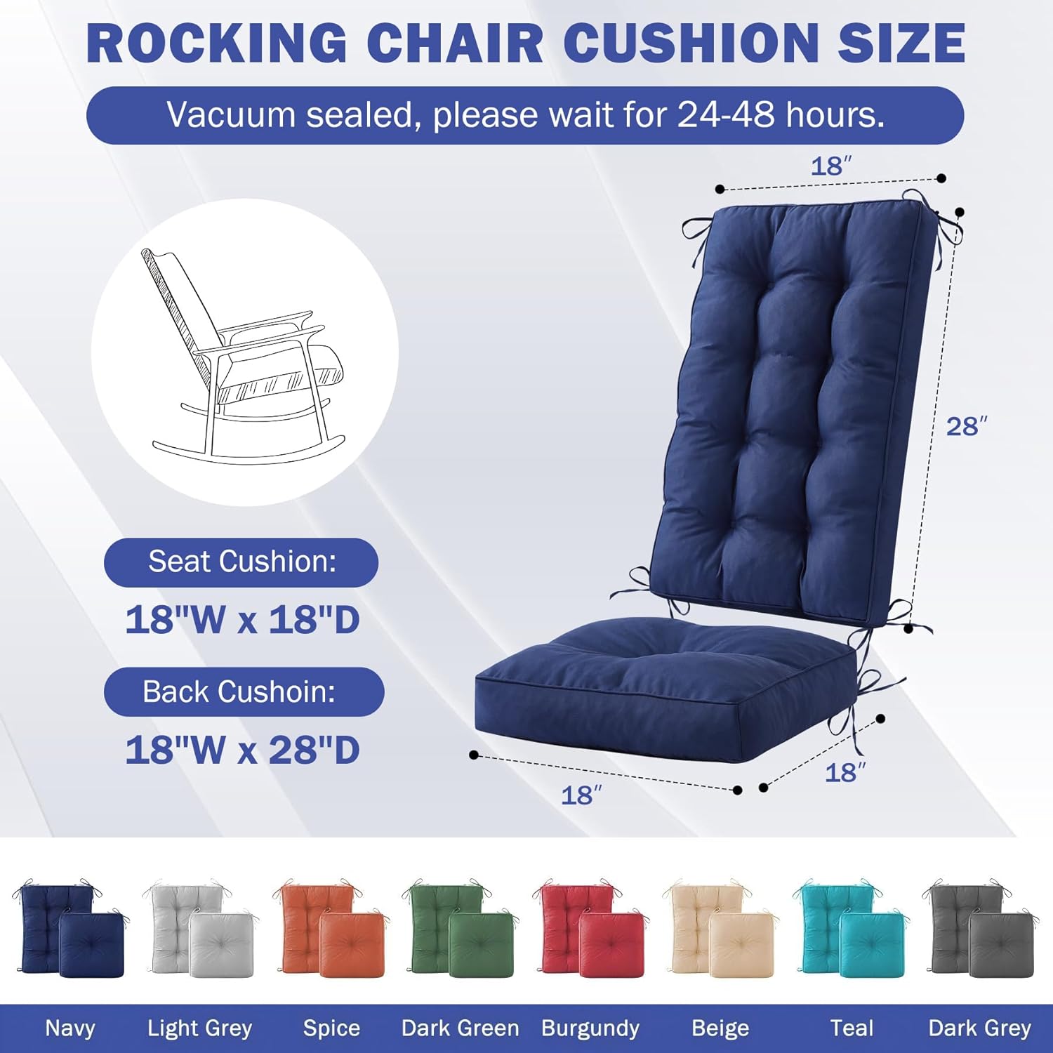 IPYNBAP Rocking Chair Cushion, Waterproof and Fade-Resistant Patio Chair Cushions, Tufted Chair Pads for Rocker Furniture, 18x18 Inch, Indoor/Outdoor Seat Cushions with Ties, Navy Blue