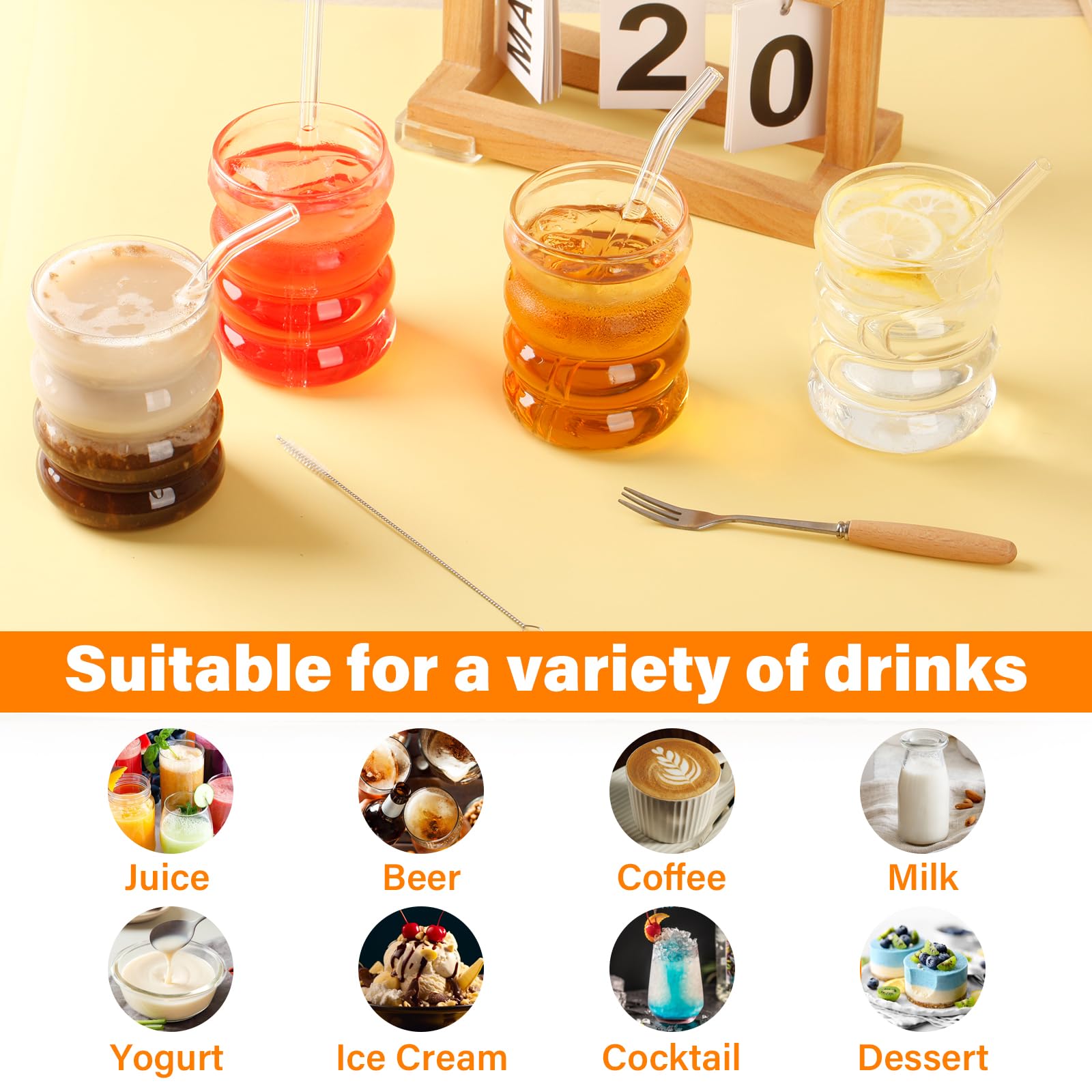 2x Gerippte Trinkgläser 320ml Mit Glas-Strohhalmen - Wellen-Design Für Cocktails & Drinks