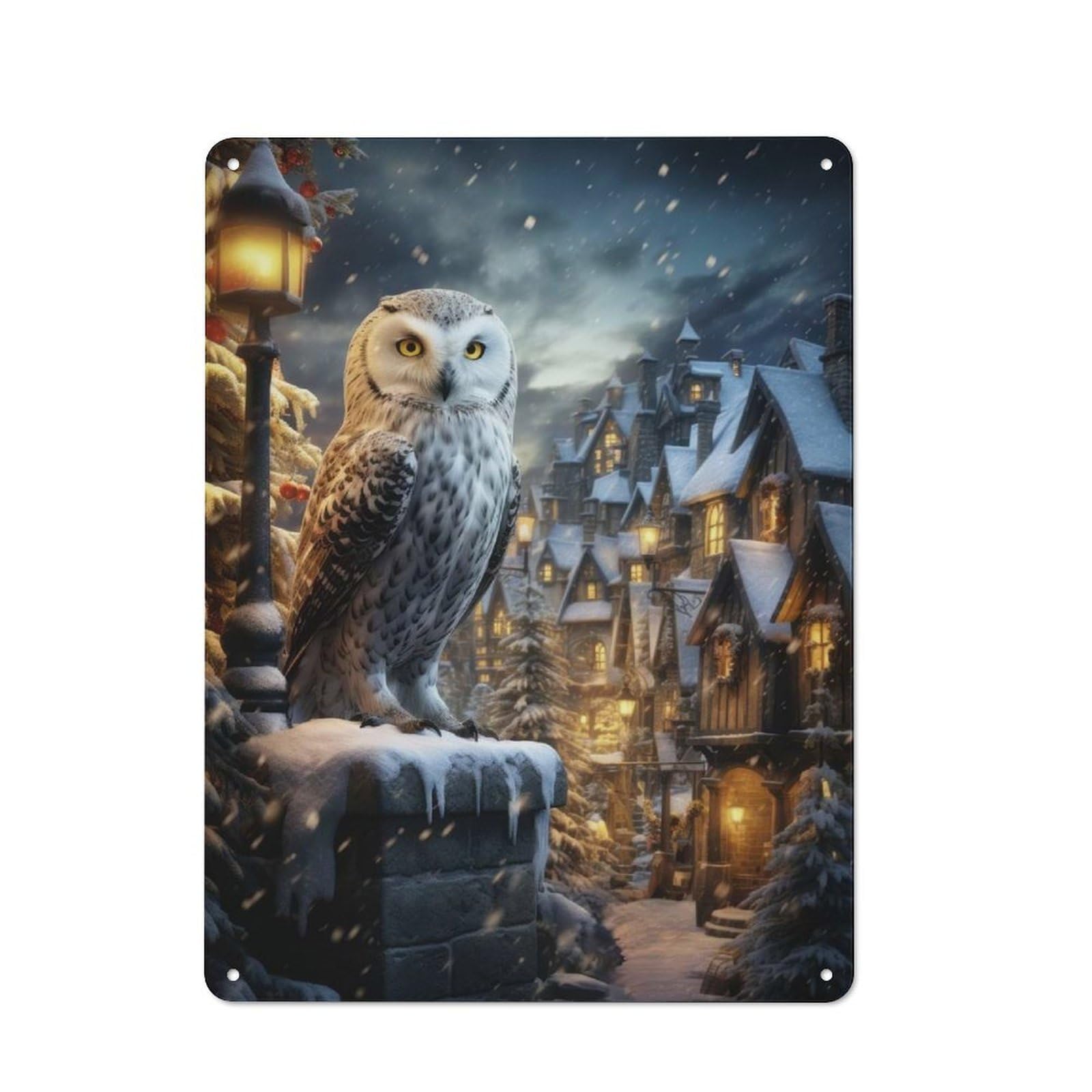 Metal Sign 40x30cm with Winter Owl for Workshop Wall, Rustic Decor, Wall Decoration for Workshops And Hobby Rooms