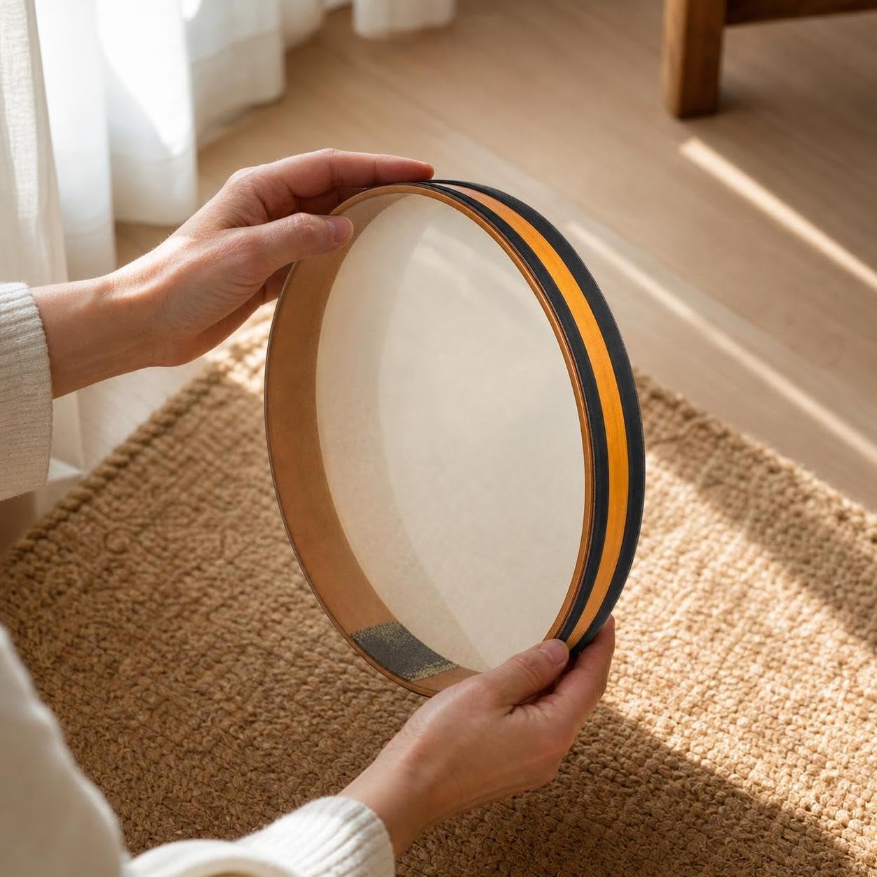 Tamburo Onda Oceanica Percussioni Doppio Lato per Effetto Realistico in Legno E Pelle Tocco Rilassante Adatto a Terapia Audio Meditazione Sala Benessere, 14 pollici