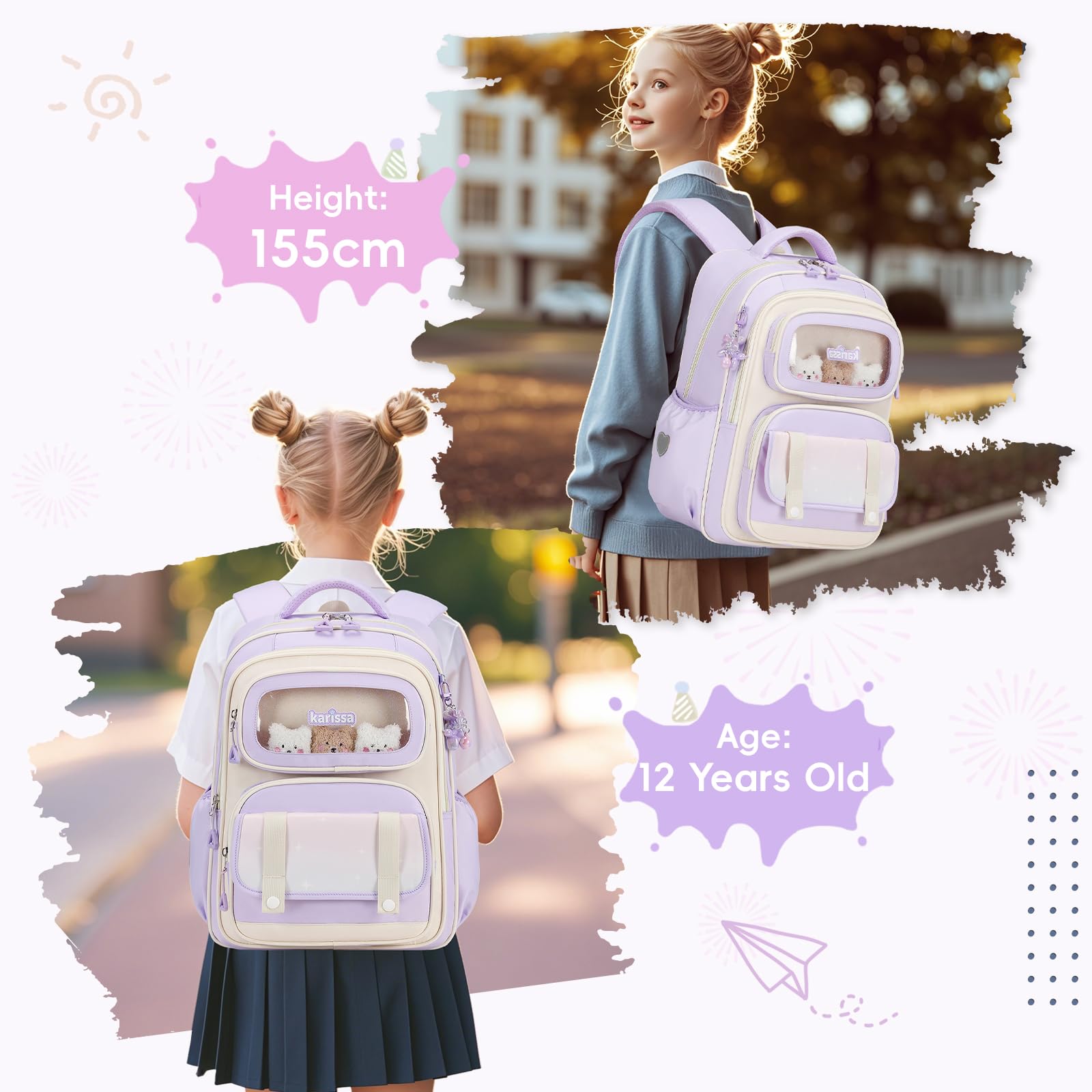 Tanou Schultasche Mädchen Rucksack Kinder Ergonomic, 20 Liter, Lila | Schulrucksack Kinderrucksack der 1. bis 5. Klasse, Lässiger Ranzen Teenager für die Schule Reisen