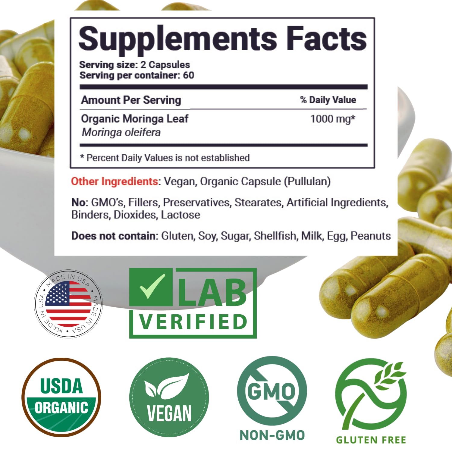 Organic Moringa Capsules, USDA Moringa Leaf Powder 1000mg, 120 Vegan Caps — Amazon image 6
