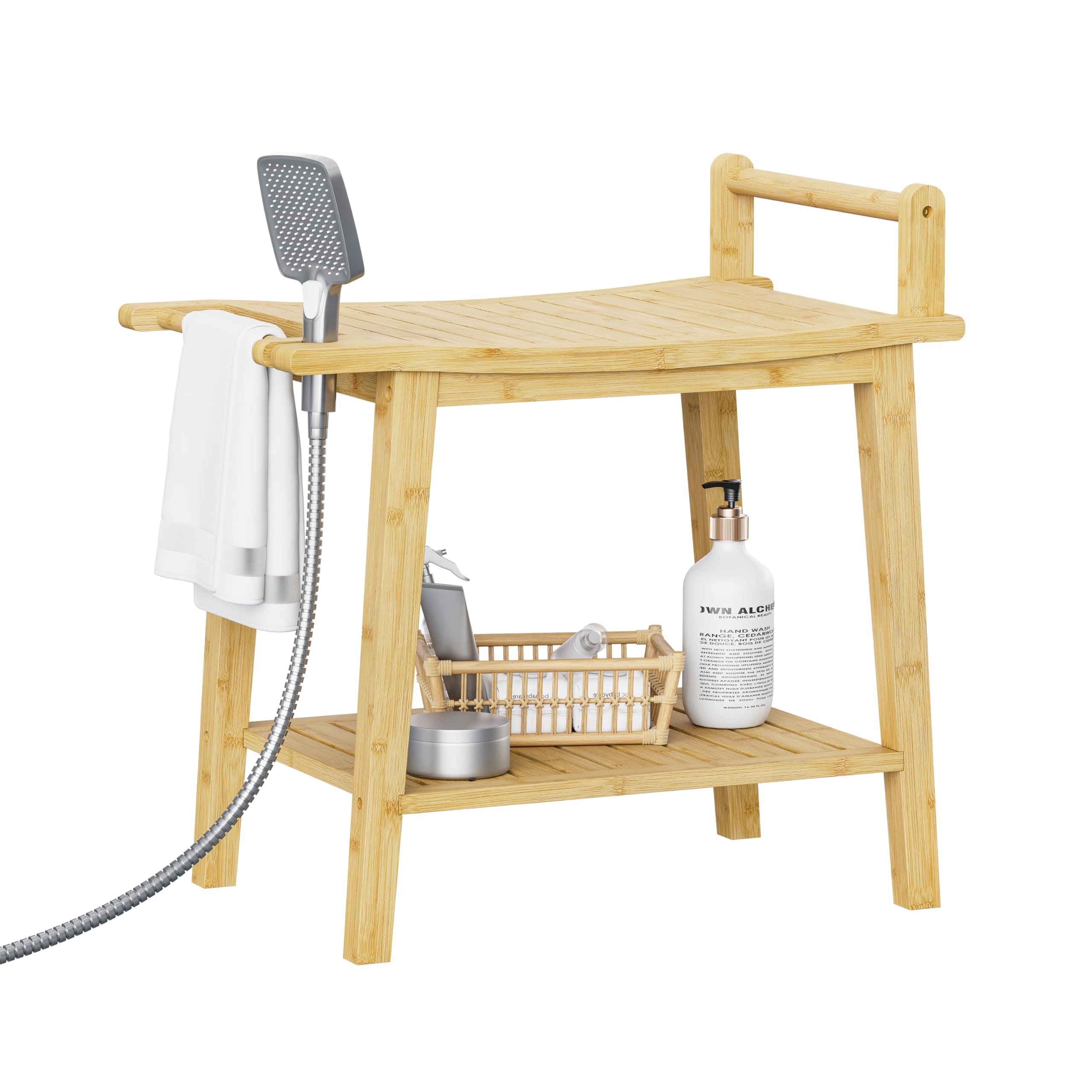 Bamboo Shower Bench, Waterproof Wooden Stool with Storage Shelf, Shower Chair for Inside Shower, Spa & Shaving Bath Seat for Adults Elderly, Bathroom, Living Room, Bedroom (Natural, 22in)