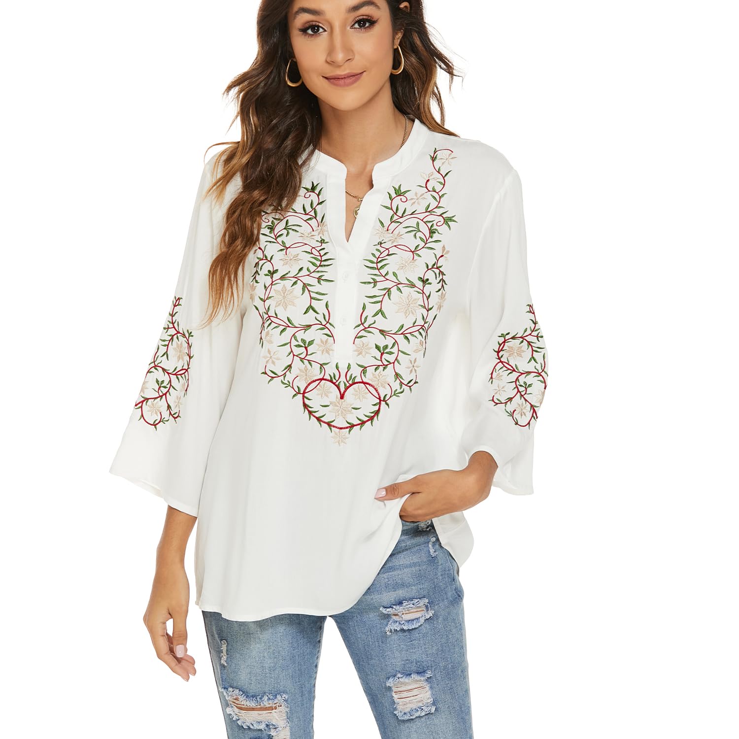 drakloak Damen Sommer Bluse Boho Stickerei Mexikanisch Tops V-Ausschnitt Shirt Kurzarm Boho Tunika Folklore Hippie Blusen