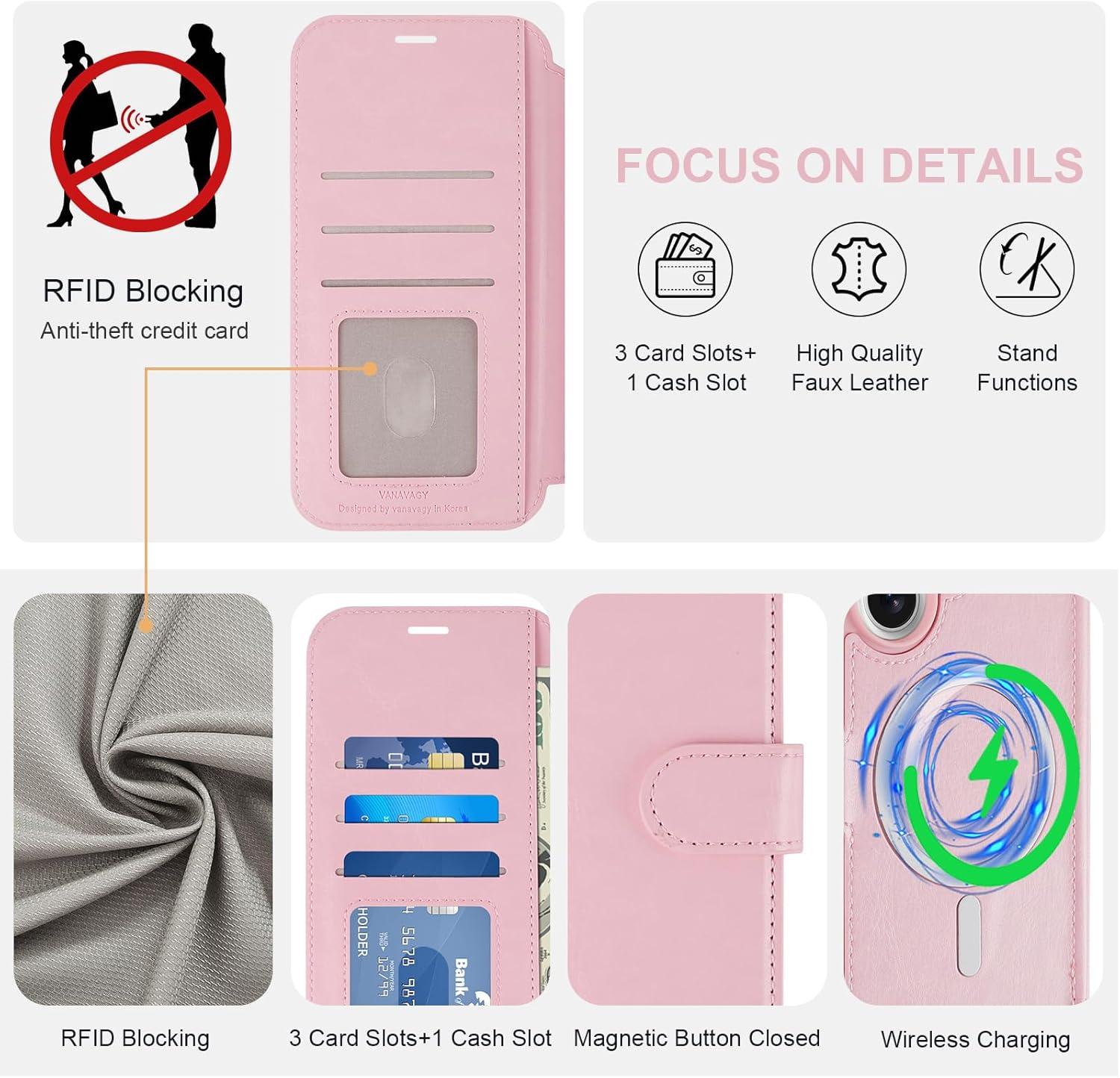VANAVAGY Compatible for iPhone 17 Wallet Case for Magsafe Wireless Charging, PU Leather Flip Folio Shockproof Phone Cover with Wrist Strap RFID Blocking Card Holder [Screen Protector],Chalk Pink