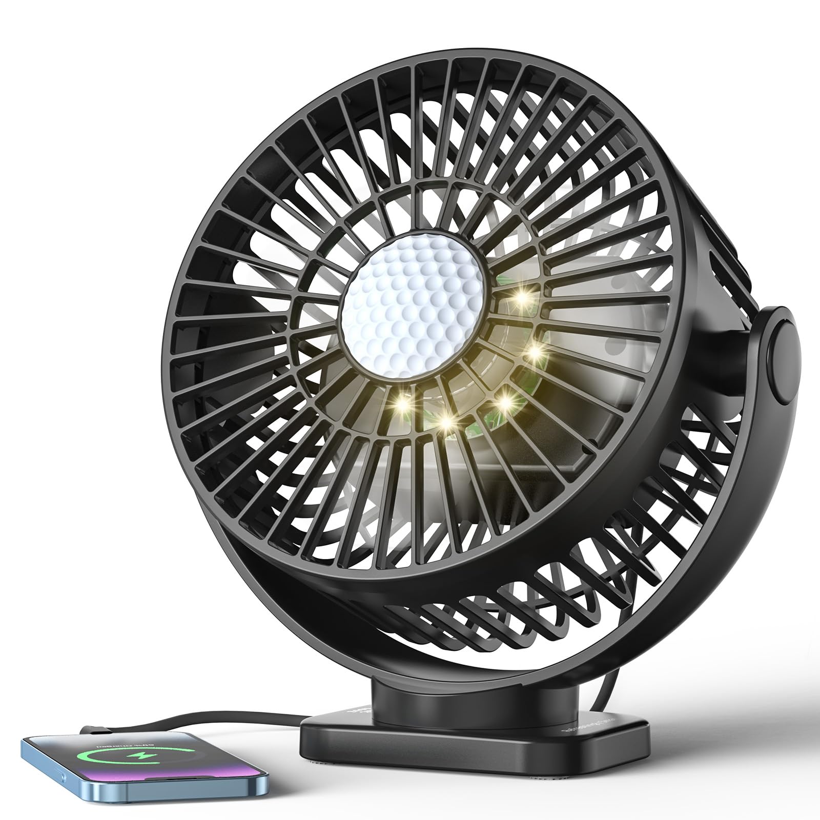 Minthouz 12000mAh Tragbarer Ventilator 5.5 Zoll, USB Ventilator, 3 Windstufen, 360° Drehbar, Max 30h Laufzeit, Magnetischer Tischventilator, für Golfwagen Reisen Camping Kreuzfahrtschiff 1er-Pack
