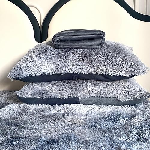 Miniatura 4 de chovy Juego de sábanas de 4 piezas de pelo sintético teñido anudado negro y blanco con bolsillos profundos, juego de sábanas mullidas de franela de