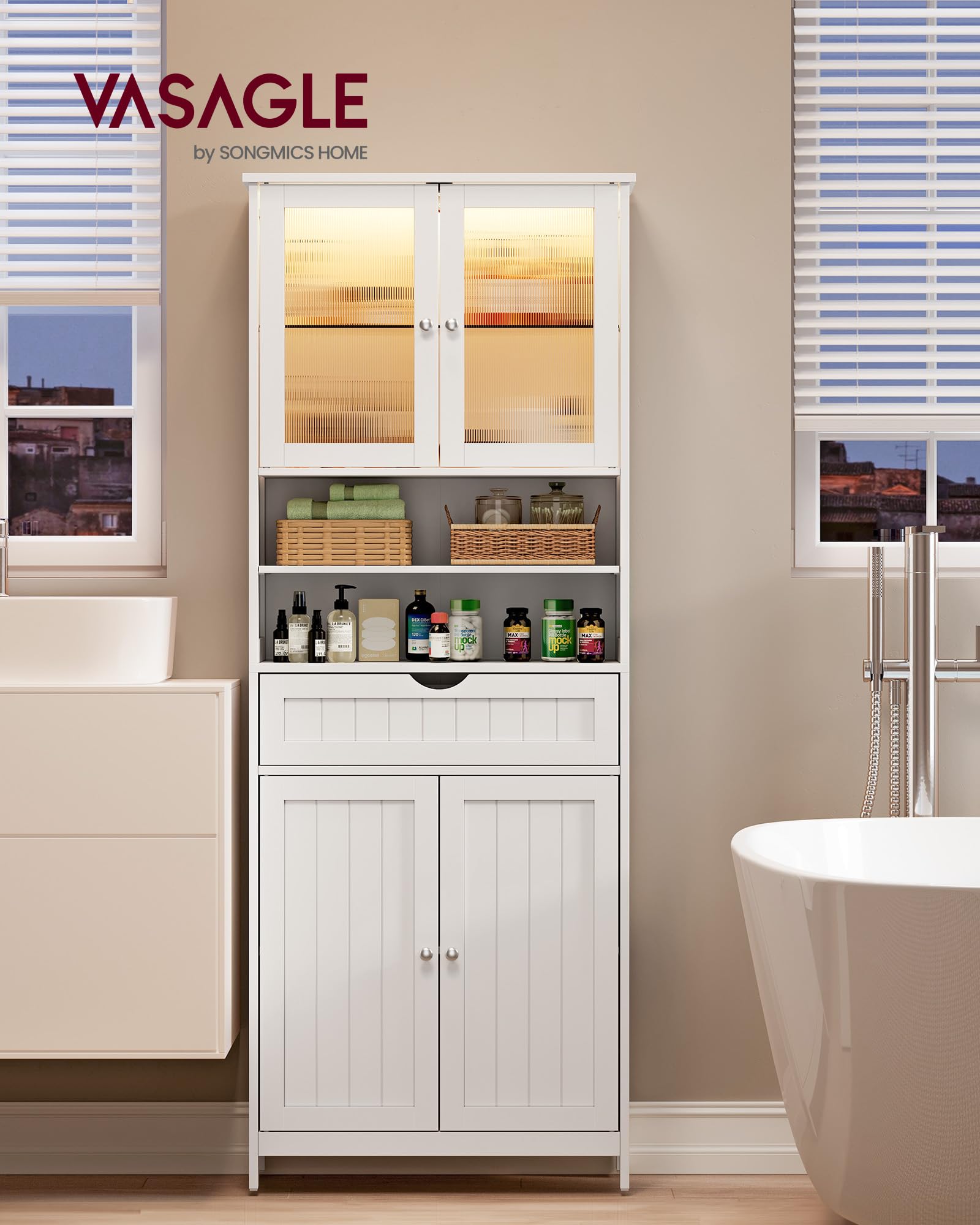 VASAGLE Armario de Almacenamiento con Iluminación, Armario de Baño, con Estantes Ajustables, Cajón, Compartimentos Abiertos, para Baño, Sala de Estar, Comedor, Blanco Nube BBC767W03