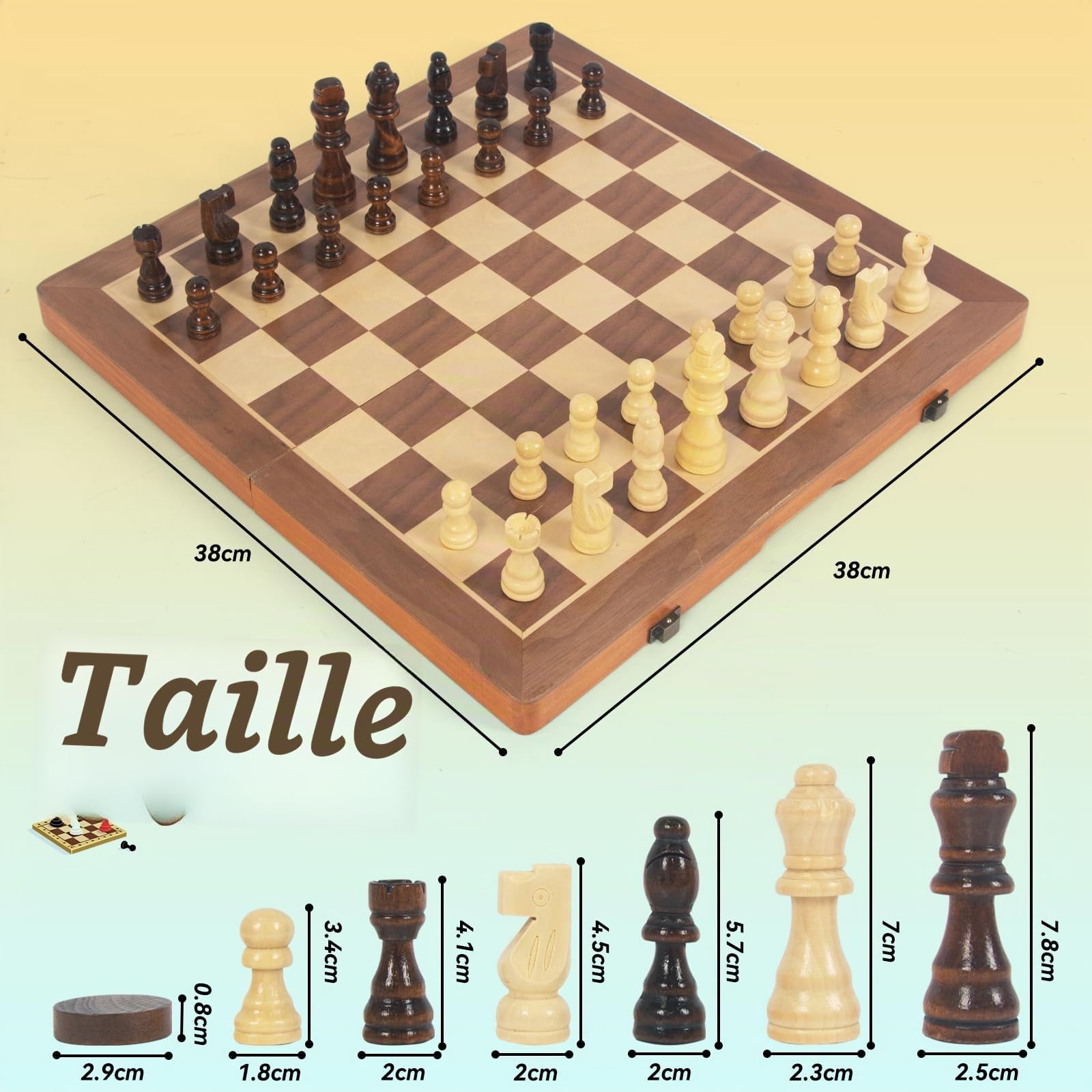 WOODENFUN Jeu d'échecs magnétique en bois pour adultes et enfants, échiquier pliable 40 x 40 cm, jeu d'échecs portable, bois de noyer et de pin (marron, 2 en 1)