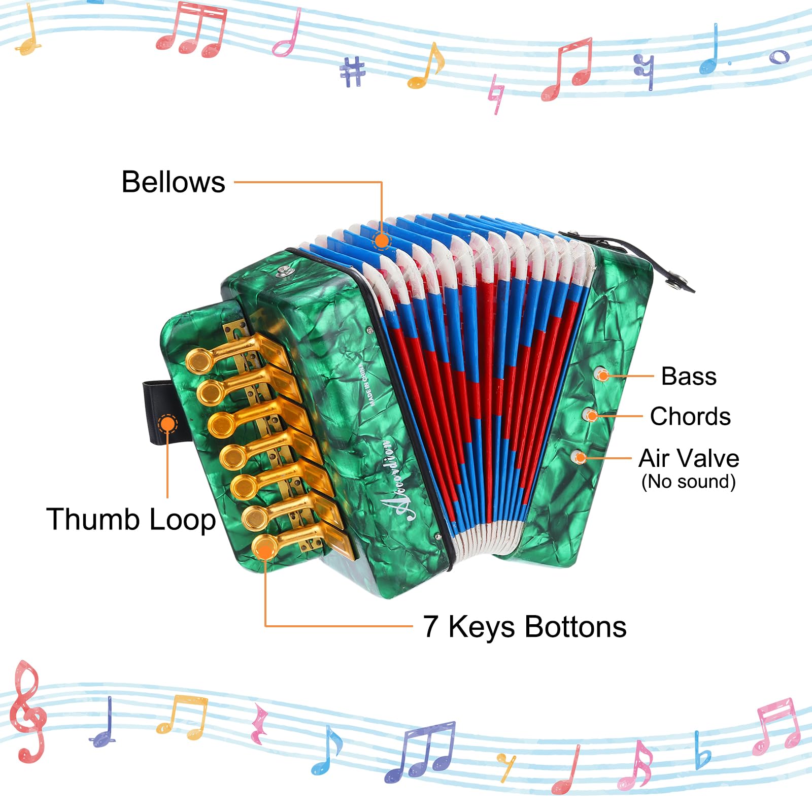 QUARKZMAN Akkordeon, 10-Tasten-Bass-Ziehharmonika Mini-Musikinstrument Leichtgewicht für Erwachsene Anfänger Bildung, Grün