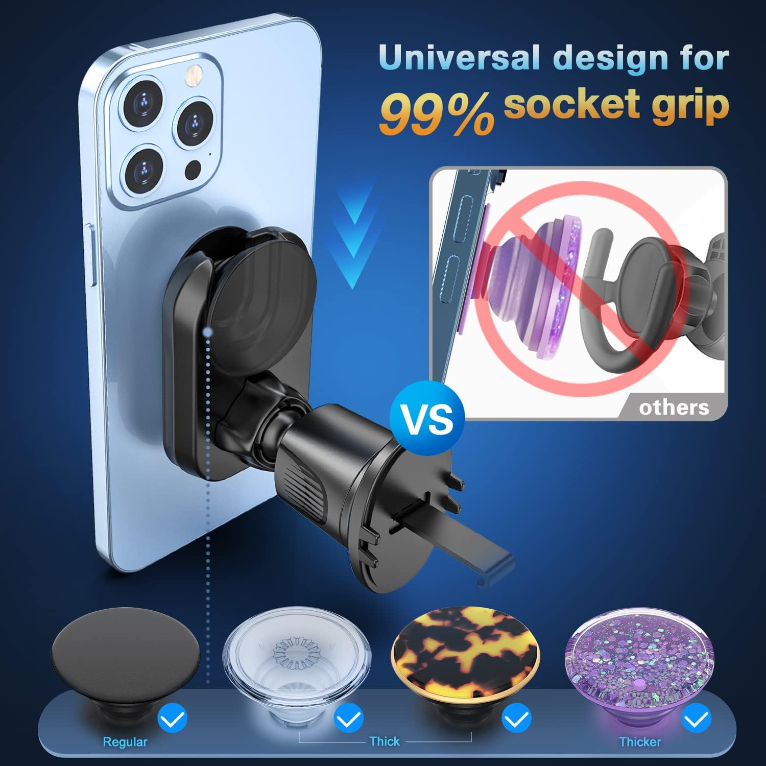 pop-tech Car Vent Phone Mount for Socket Grip, Air Vent Clip Phone Holder Compatible with Magsafe Wallet Black & iPhone Samsung Card Holder, Cell Phone Stand with Sticky Adhesive