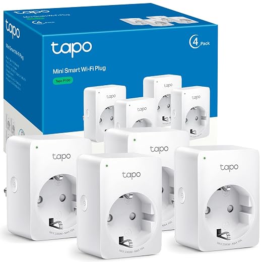 Tapo P100 (4-Pack) – WiFi Smart Plug, Programmable, App/Voice Control | Schedule Schedules and Timers. Away mode. Control App Tapo. Alexa/Google Voice Control. Easy Setup.