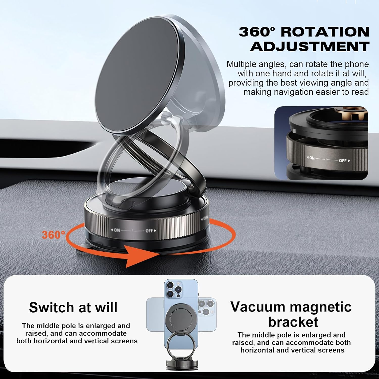 360° Adjustable Vacuum Magnetic Phone Holder, Magnetic Suction Phone Mount,Compatible with All Smartphone Foldable Saving Space and Multi - Scene Use (2Pcs Black) - Image 5