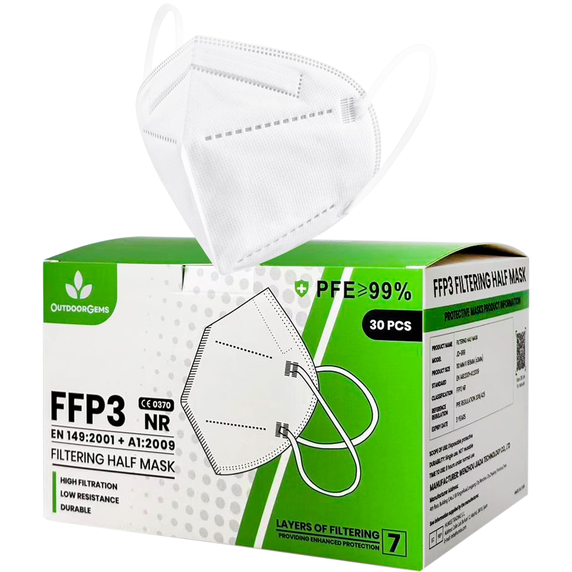 OutdoorGems FFP3 Face Masks, Pack of 30, UK Certified EN149:2001+A1:2009